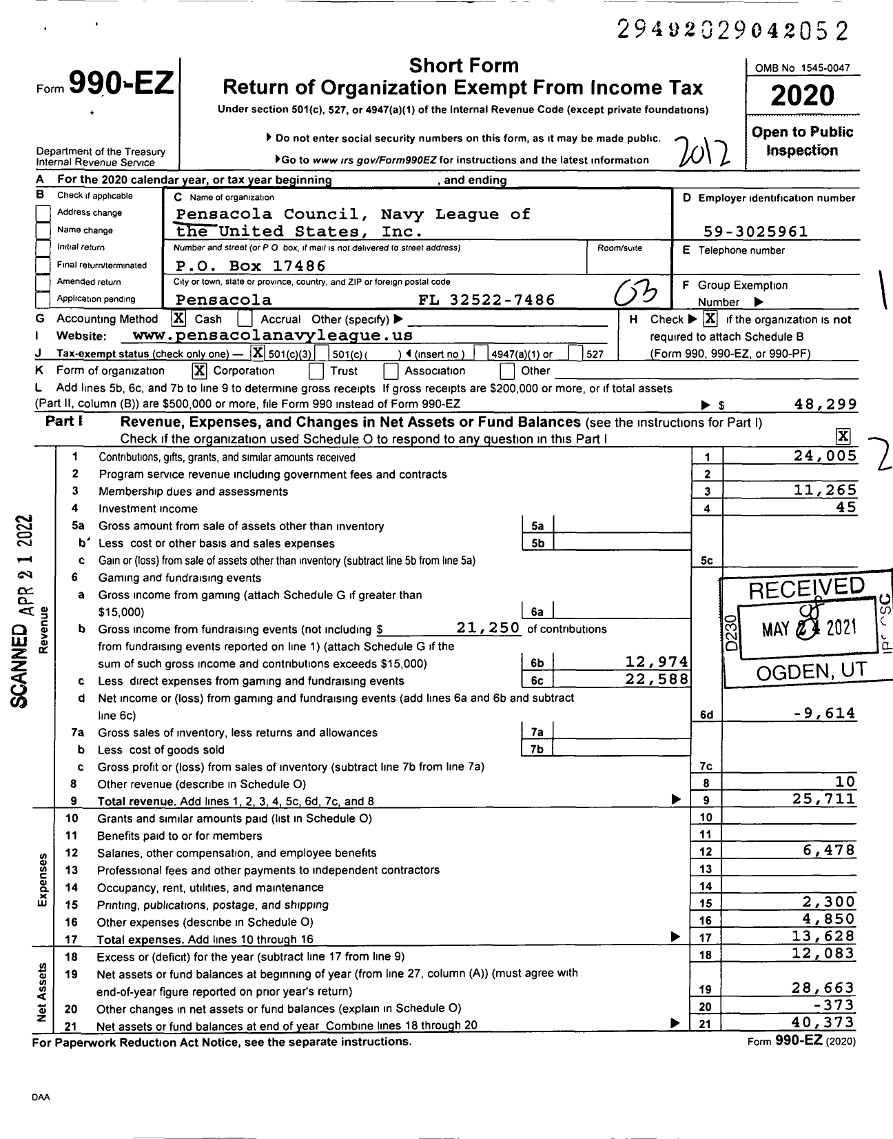 Image of first page of 2020 Form 990EZ for Pensacola Council Navy League of the United States