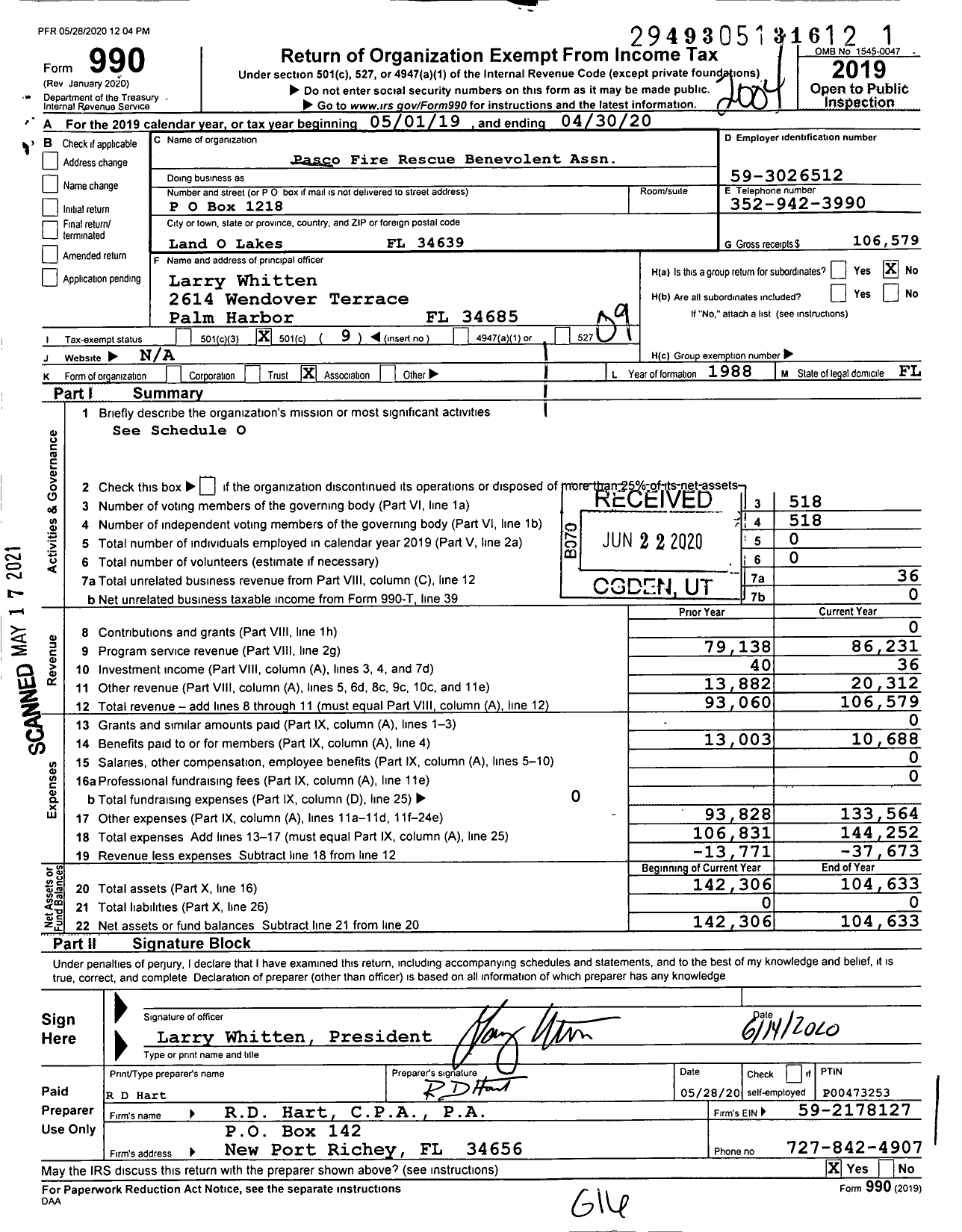 Image of first page of 2019 Form 990O for Pasco Fire Rescue Benevolent Association