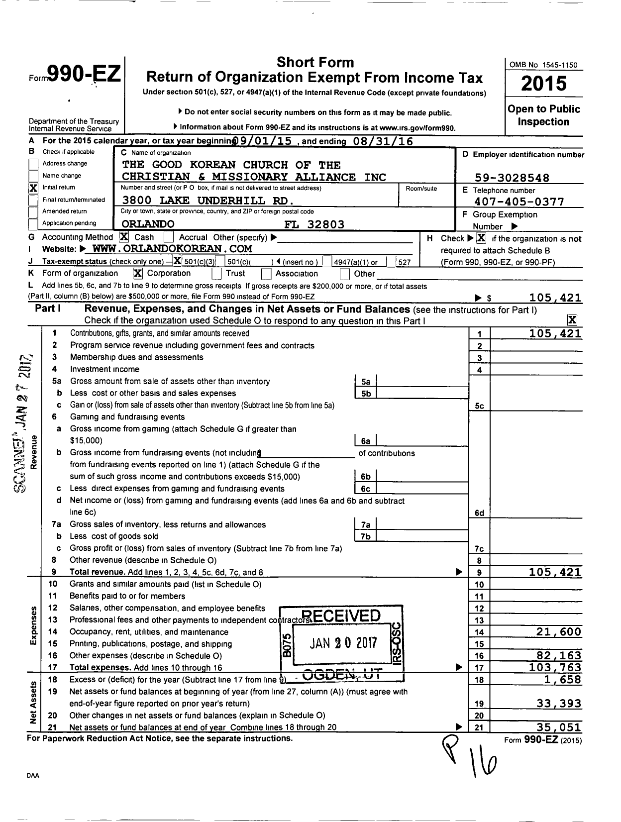 Image of first page of 2015 Form 990EZ for Good Korean Church of the Christian and Missionary Alliance