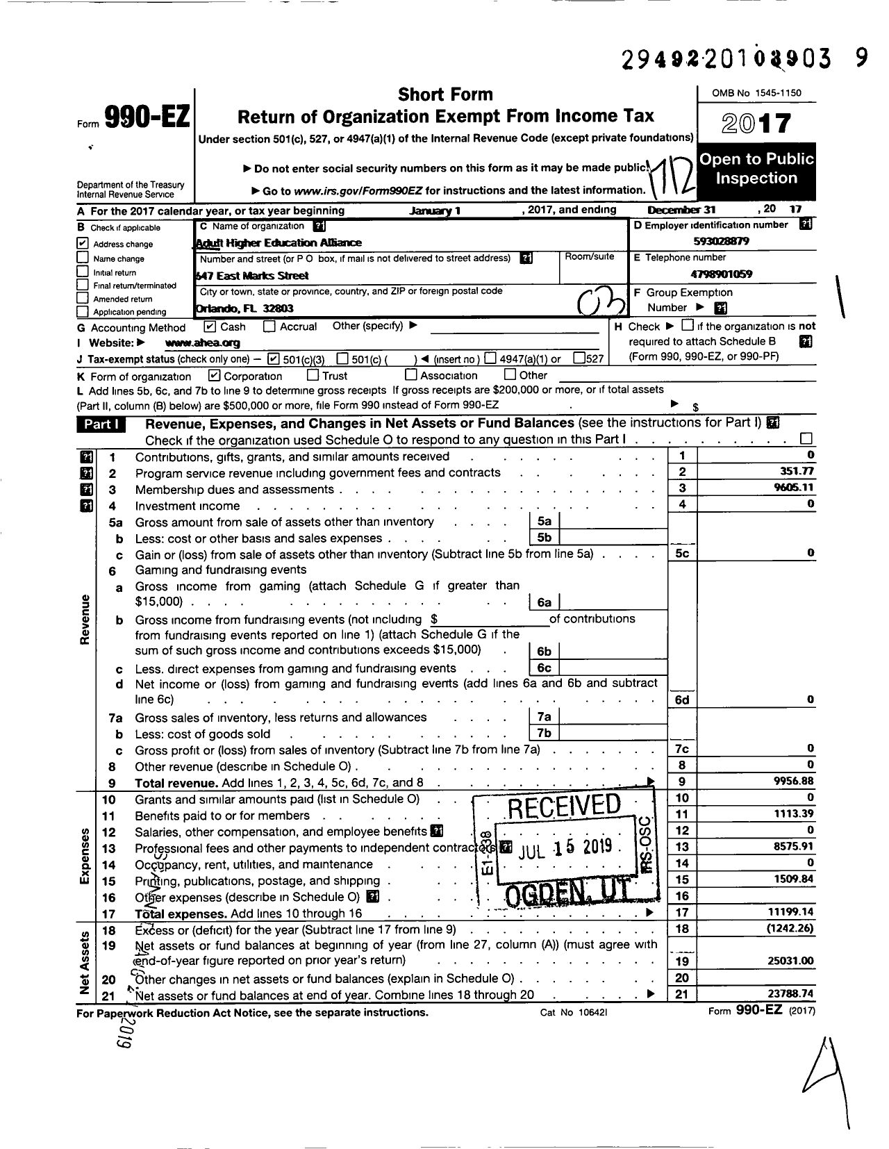 Image of first page of 2017 Form 990EZ for Adult Higher Education Alliance