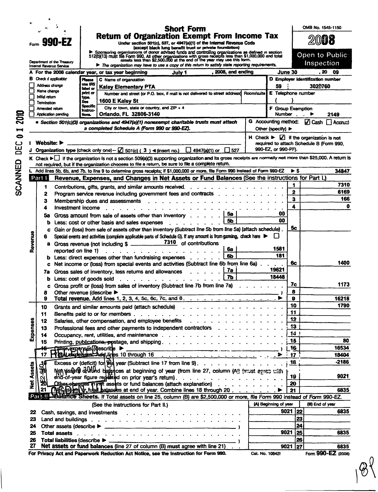 Image of first page of 2008 Form 990EZ for PTA Florida Congress - Lake Como School K8 Ptsa