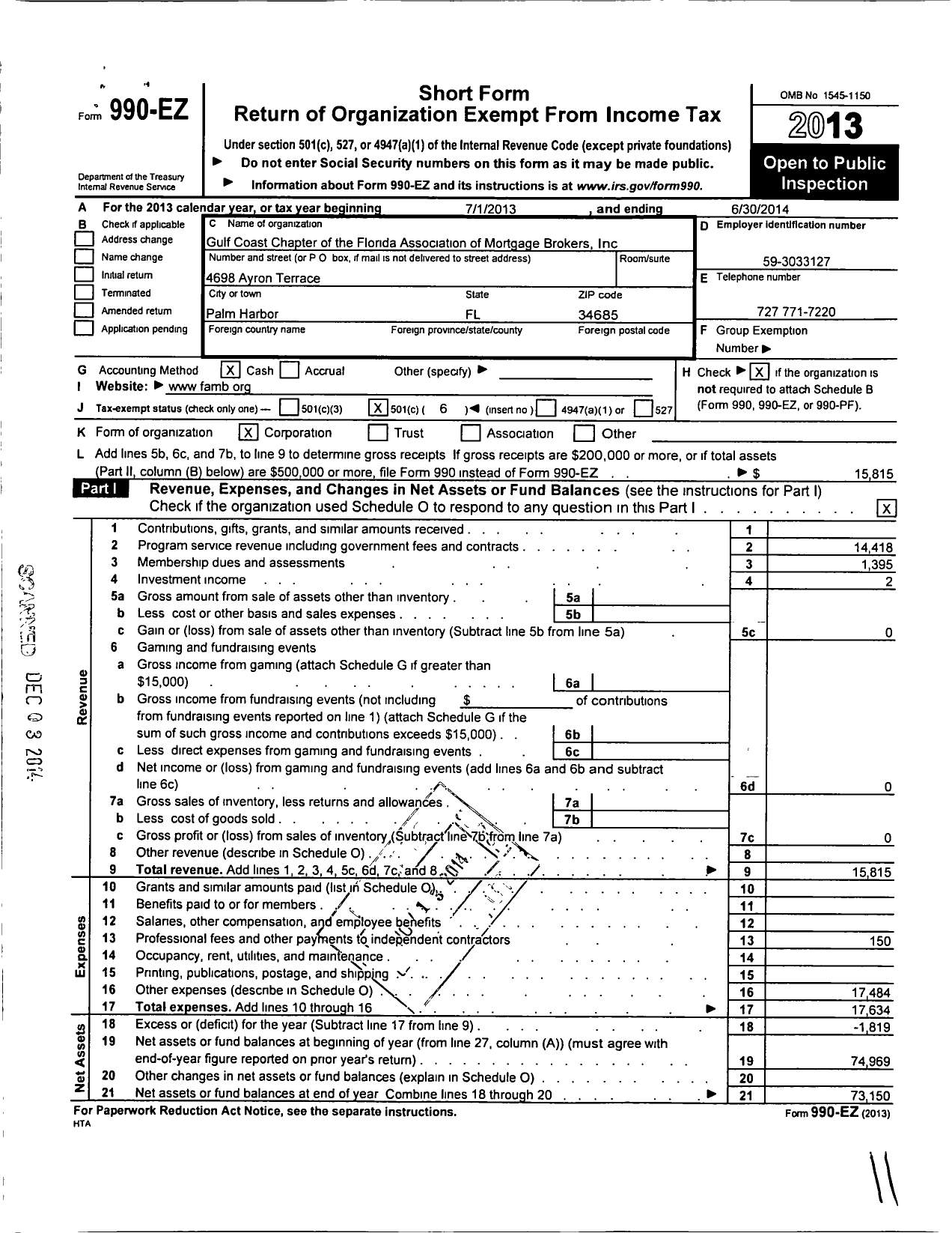 Image of first page of 2013 Form 990EO for Gulf Coast Chapter of the Florida Association of Mortage Brookers