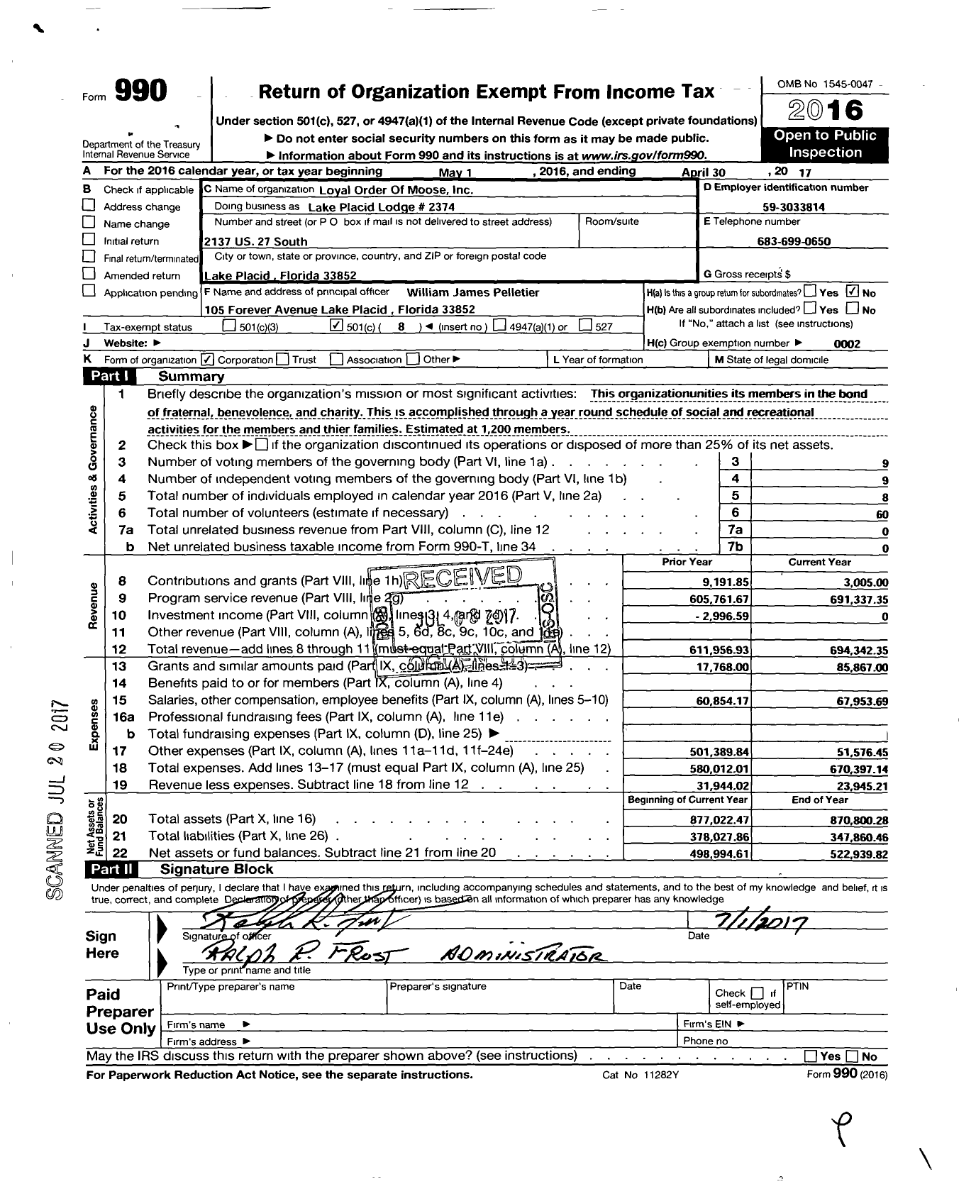 Image of first page of 2016 Form 990O for Loyal Order of Moose