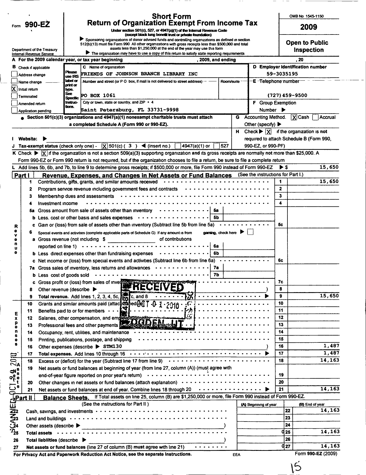 Image of first page of 2009 Form 990EZ for Friends of Johnson Branch Library