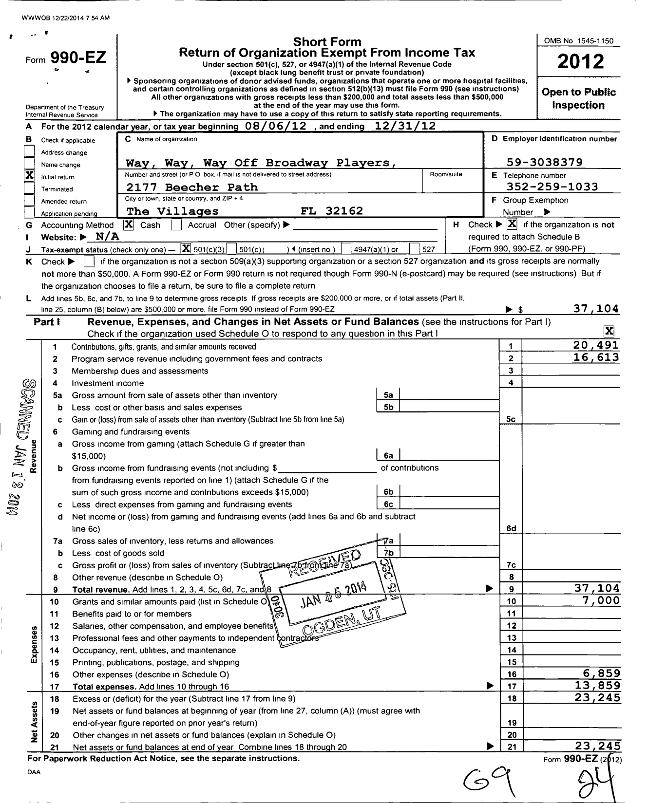 Image of first page of 2012 Form 990EZ for Way Way Way Off Broadway Players