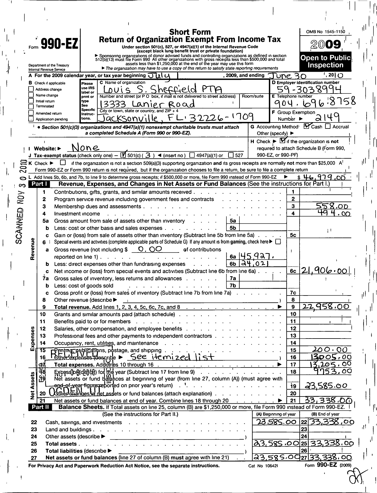 Image of first page of 2009 Form 990EZ for PTA Florida Congress - Louis S Sheffield PTA