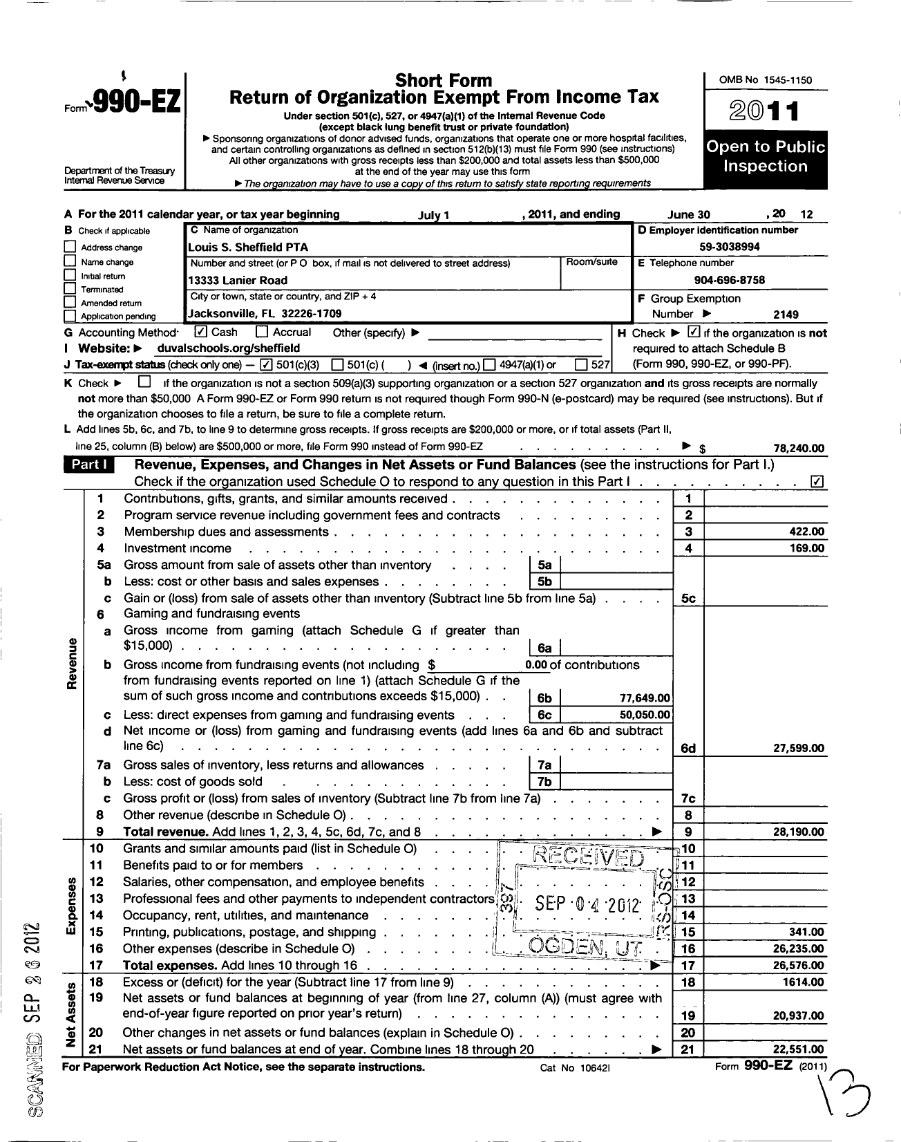 Image of first page of 2011 Form 990EZ for PTA Florida Congress - Louis S Sheffield PTA