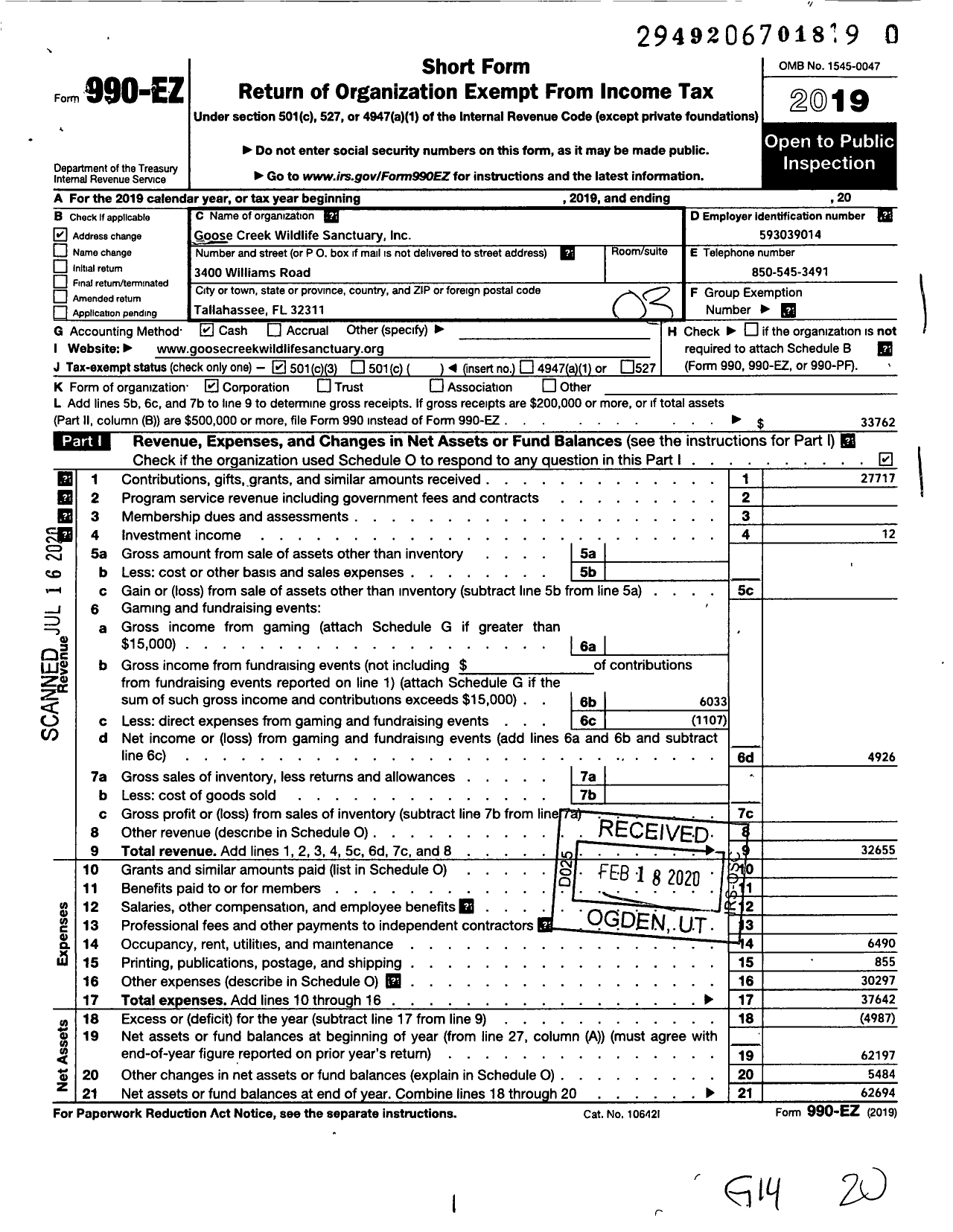 Image of first page of 2019 Form 990EZ for Goose Creek Wildlife Sanctuary