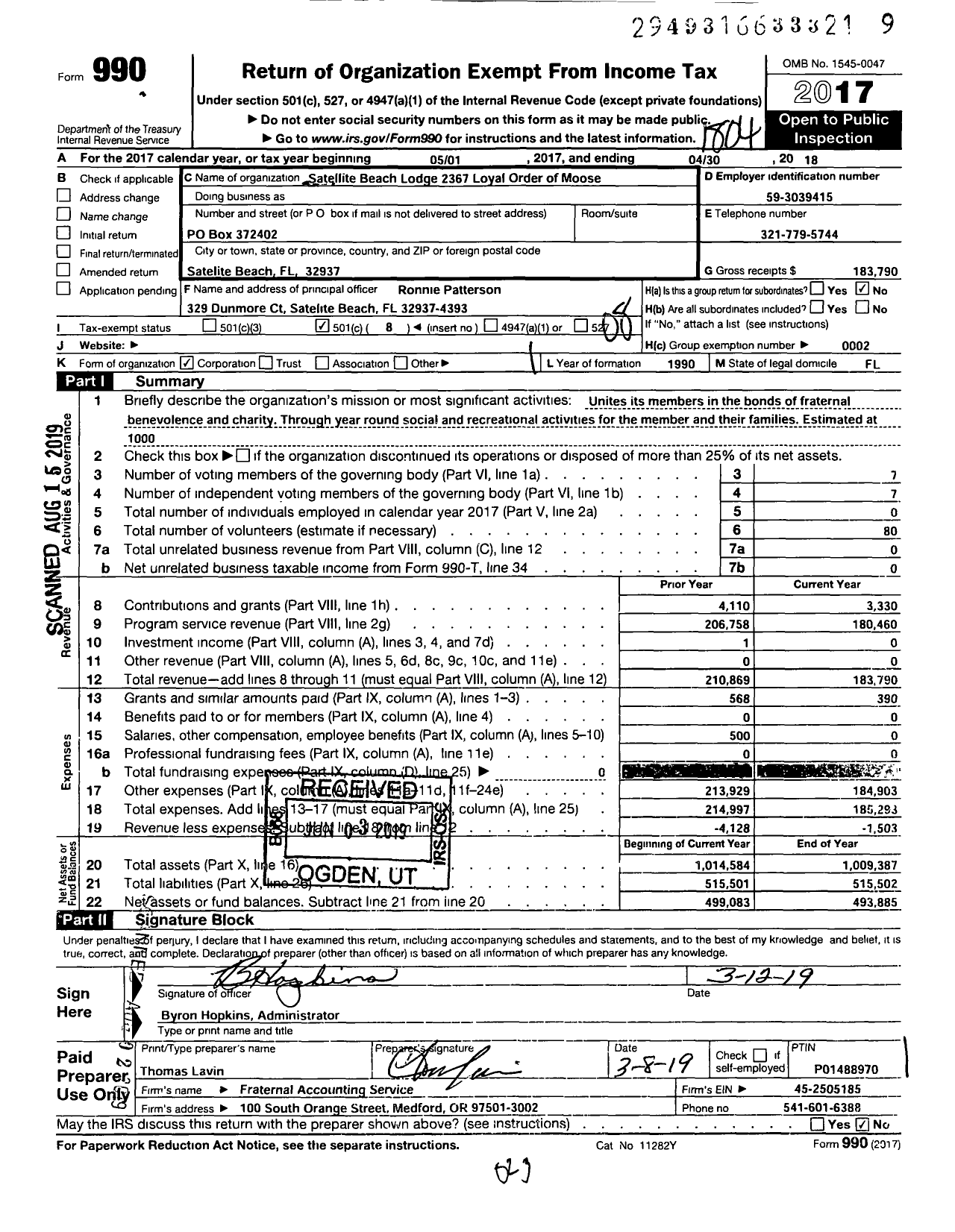 Image of first page of 2017 Form 990O for Loyal Order of Moose - 2367