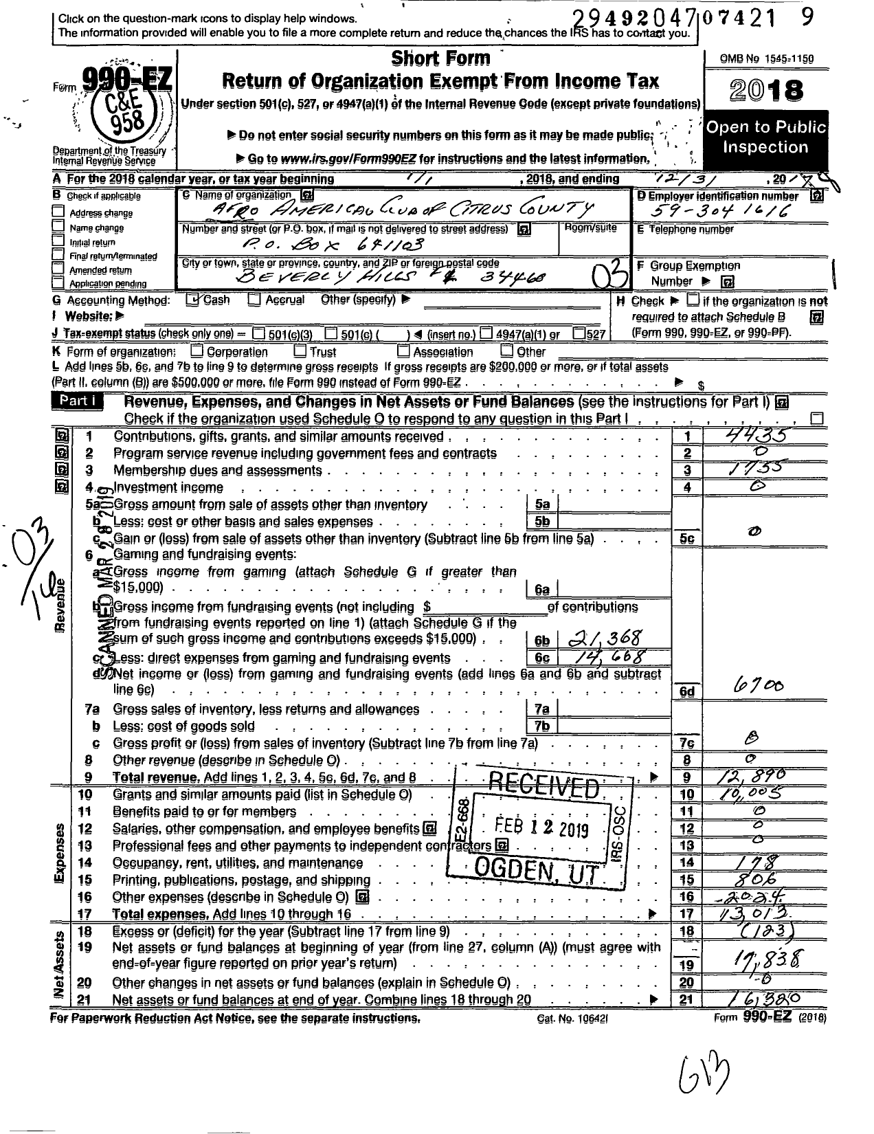 Image of first page of 2018 Form 990EZ for The Afro-American Club of Citrus County