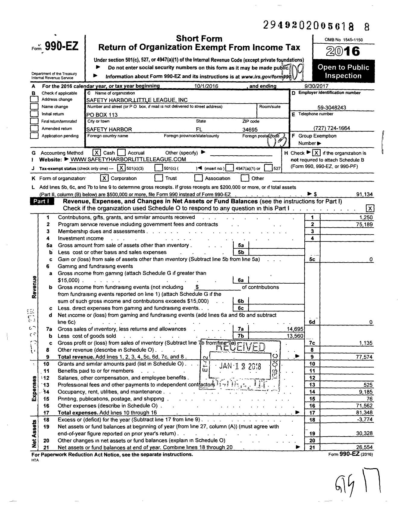 Image of first page of 2016 Form 990EZ for Little League Baseball - 3091207 Safety Harbor LL