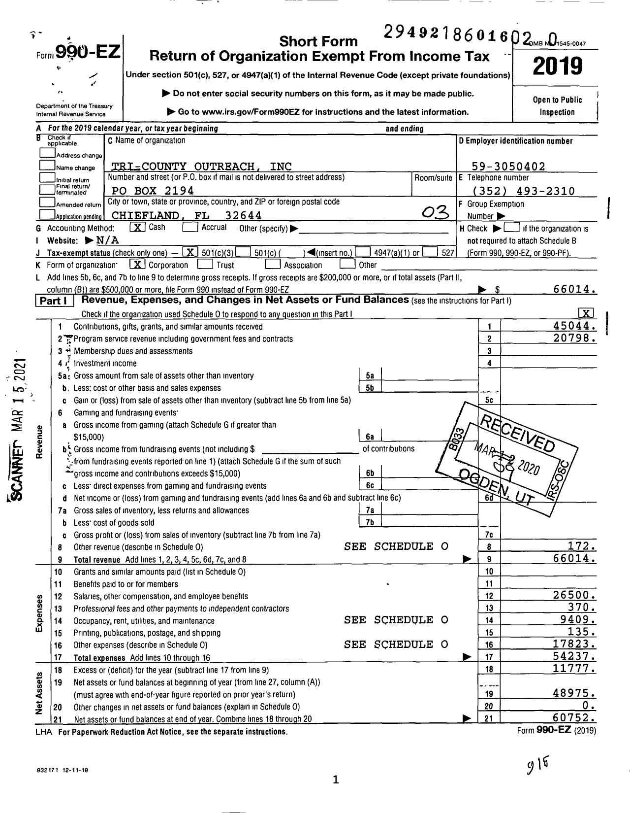 Image of first page of 2019 Form 990EZ for Tri-County Outreach