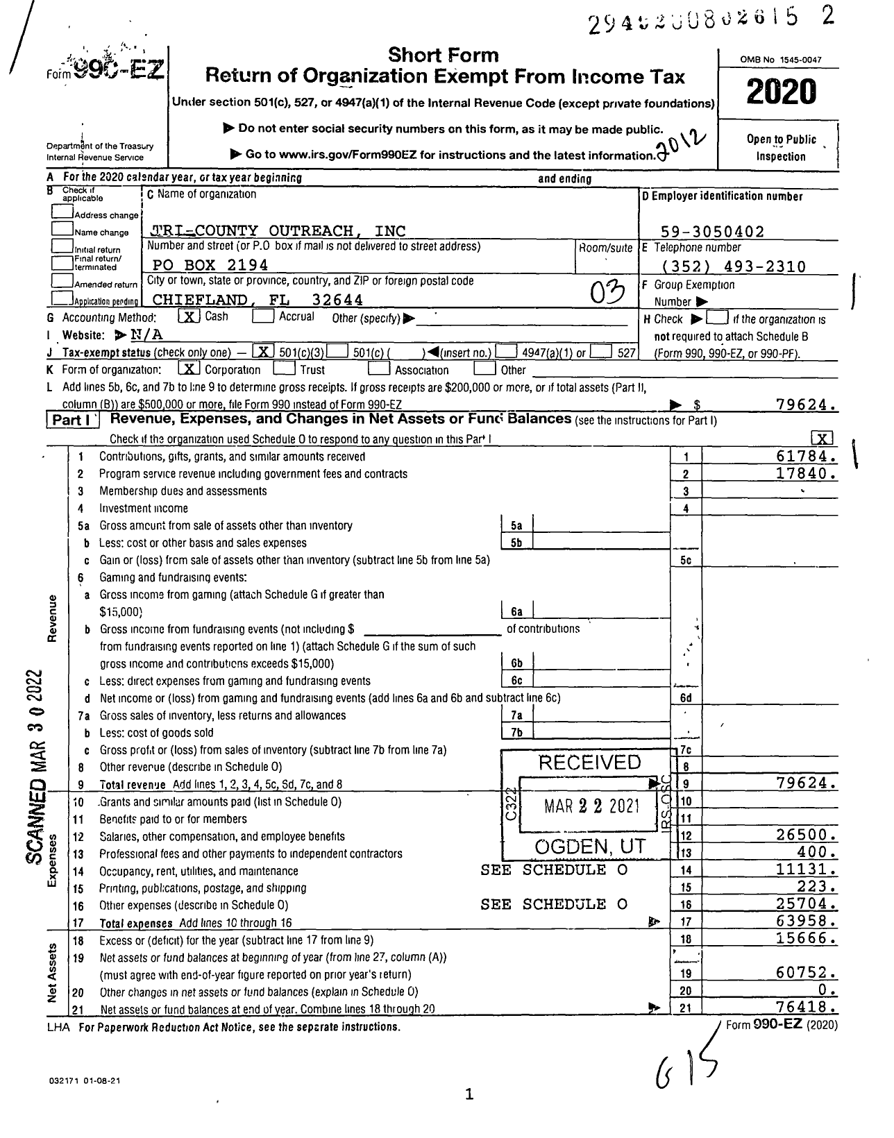 Image of first page of 2020 Form 990EZ for Tri-County Outreach