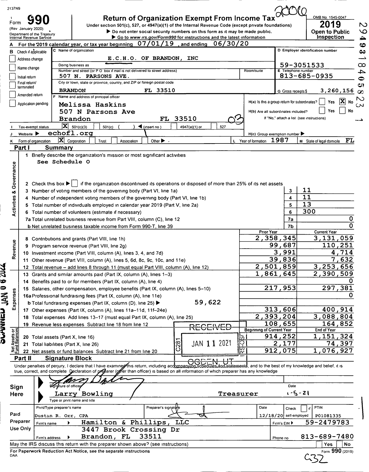 Image of first page of 2019 Form 990 for Echo of Brandon