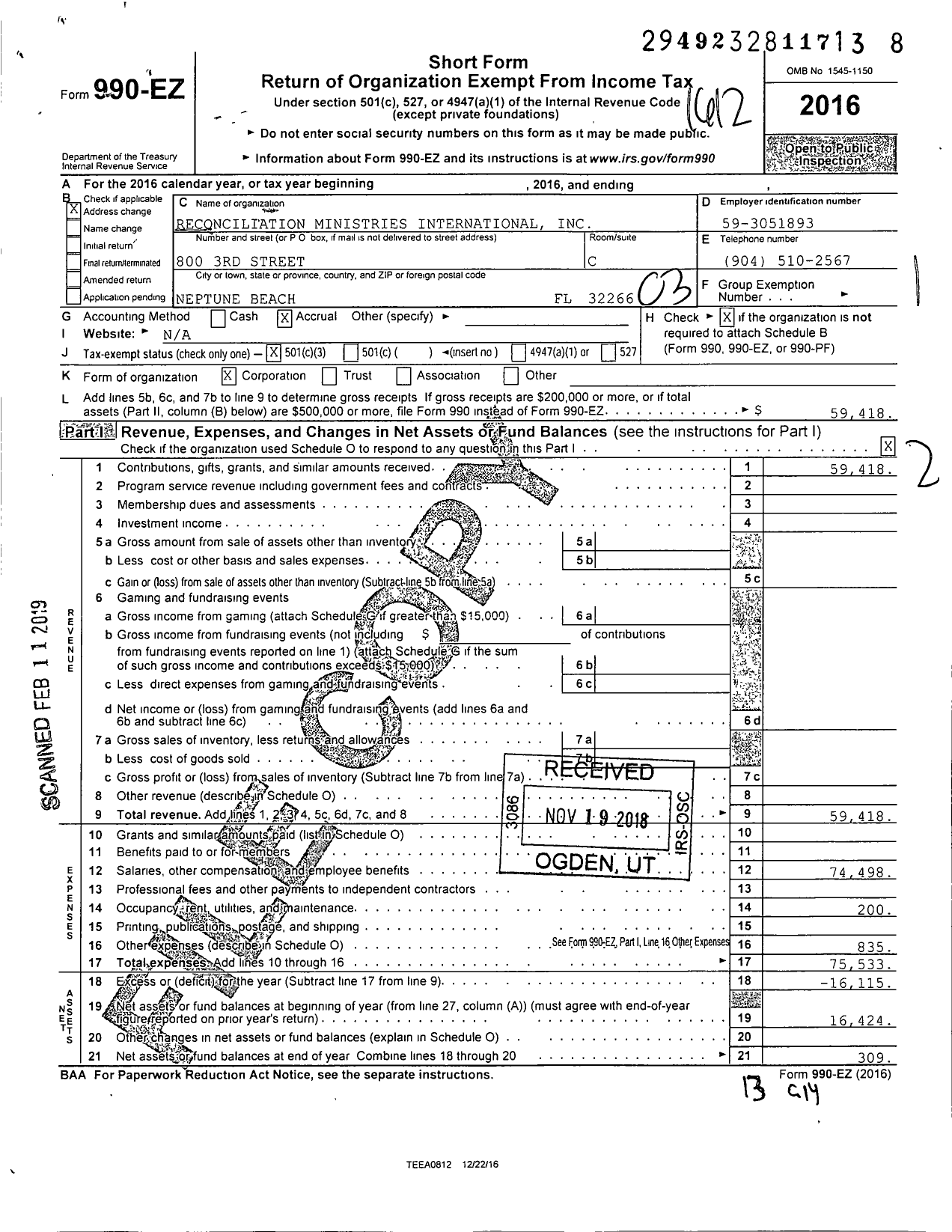 Image of first page of 2016 Form 990EZ for Reconciliation Ministries International