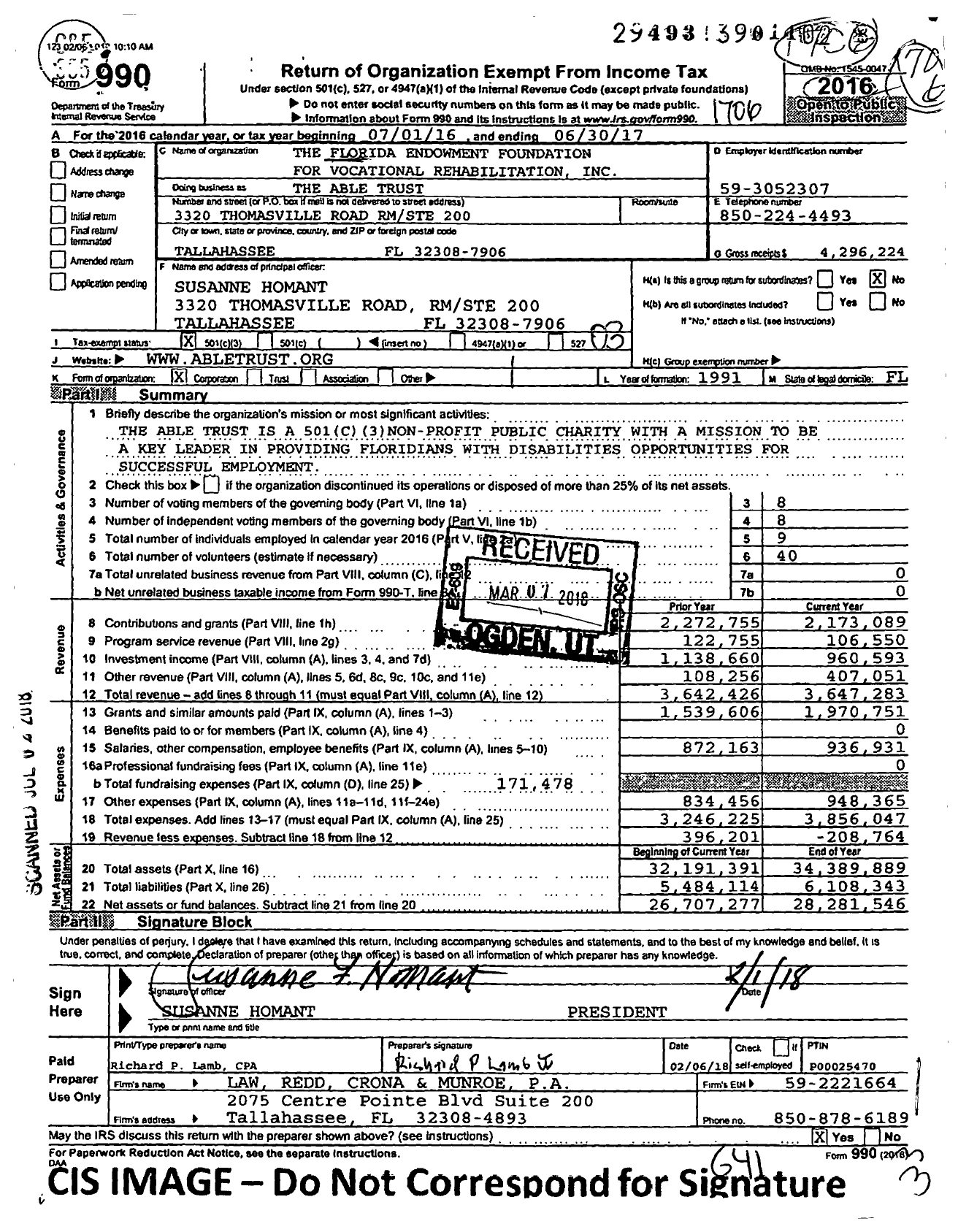 Image of first page of 2016 Form 990 for The Able Trust