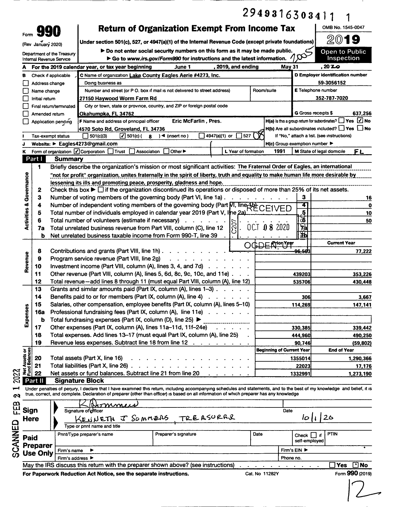 Image of first page of 2019 Form 990O for Fraternal Order of Eagles - Lake County Eagles Aerie #4273