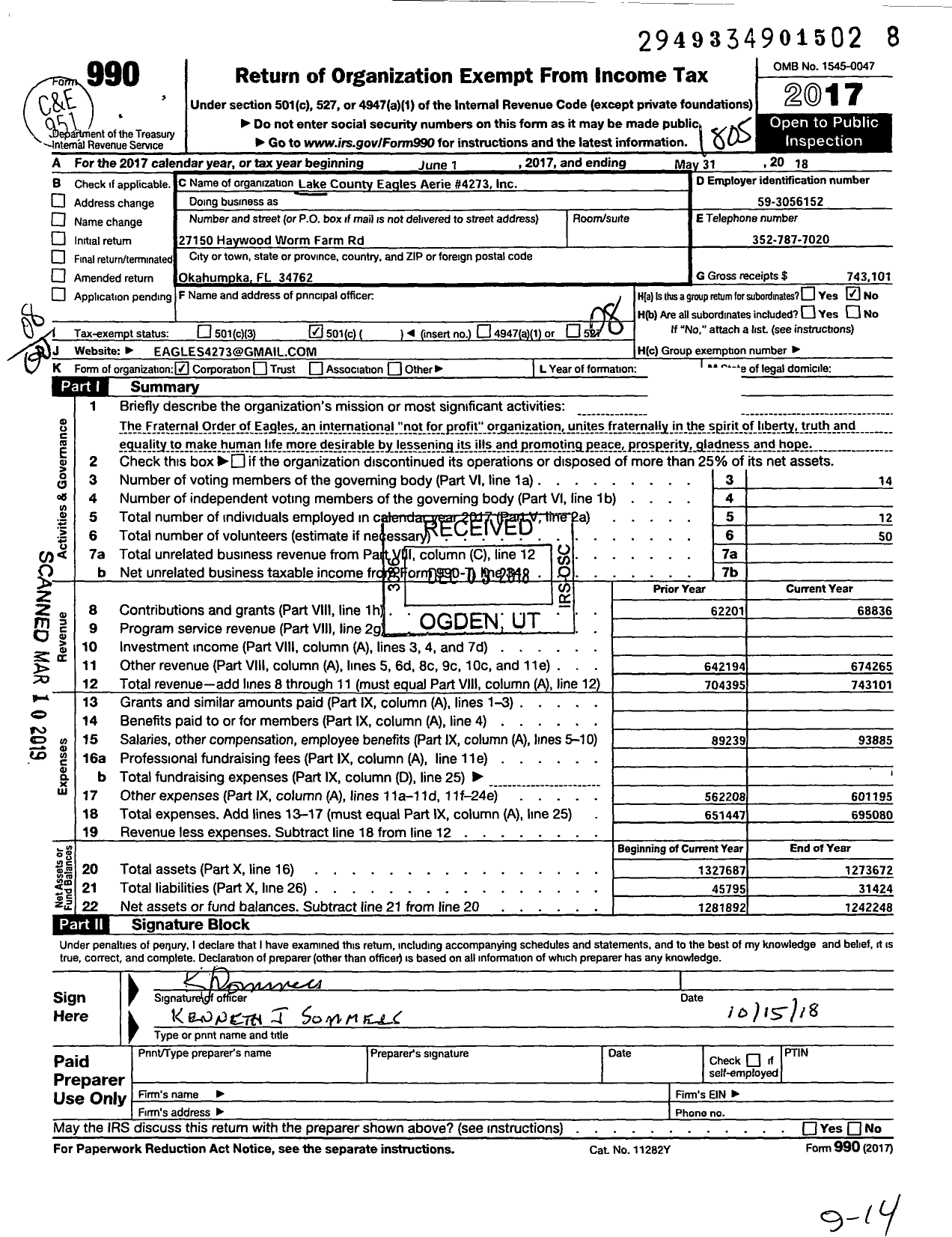 Image of first page of 2017 Form 990O for Fraternal Order of Eagles - Lake County Eagles Aerie #4273