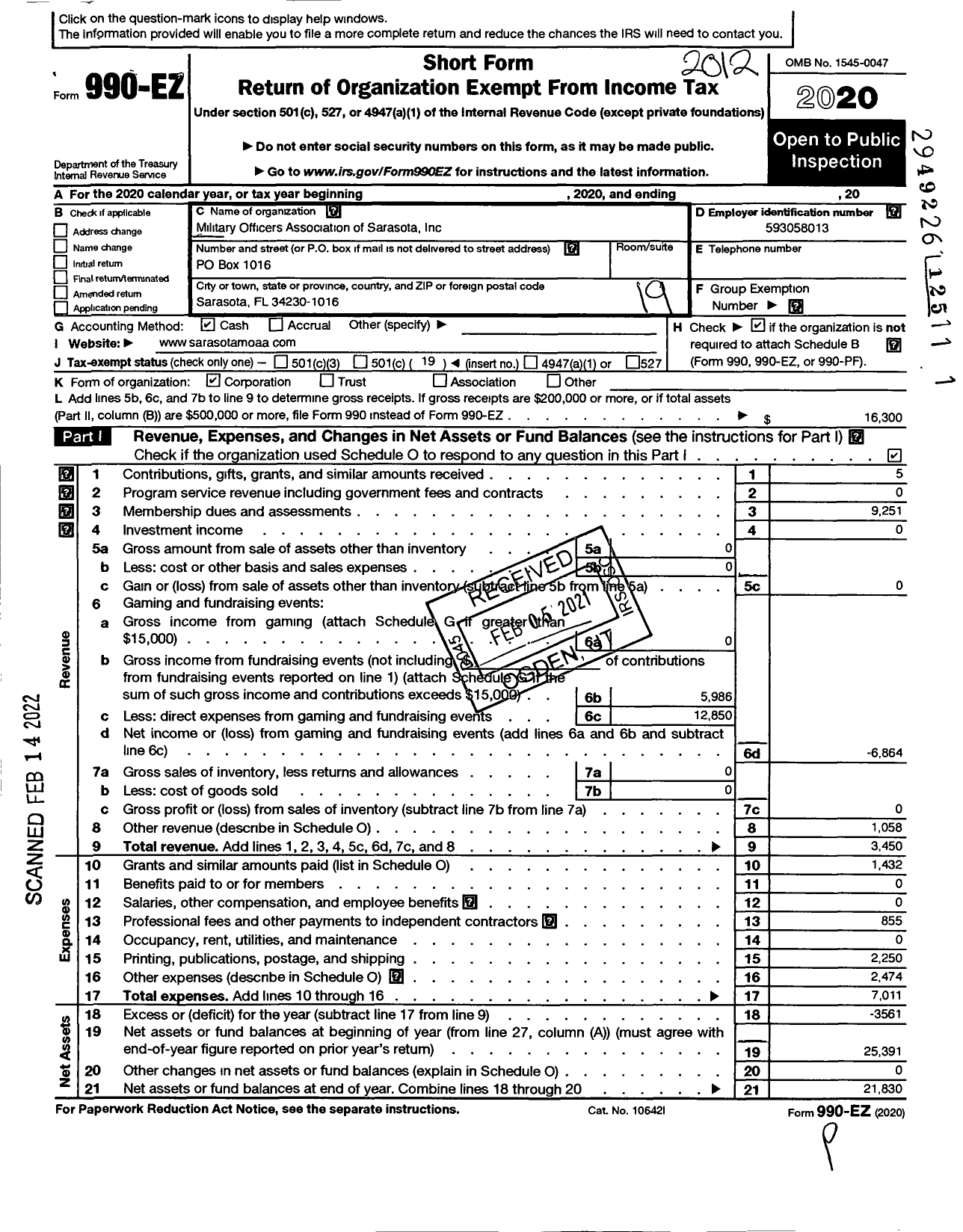 Image of first page of 2020 Form 990EO for Military Officers Association of Sarasota