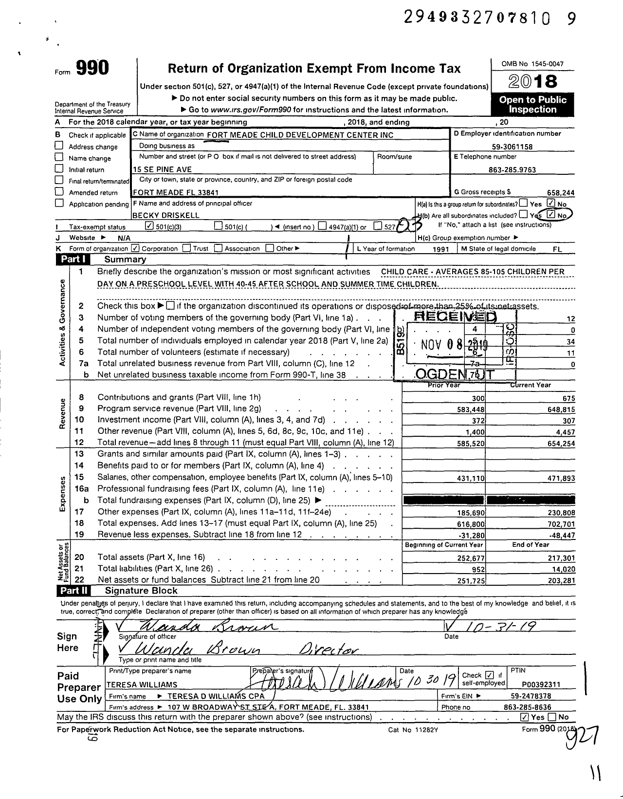 Image of first page of 2018 Form 990 for Fort Meade Child Development Center