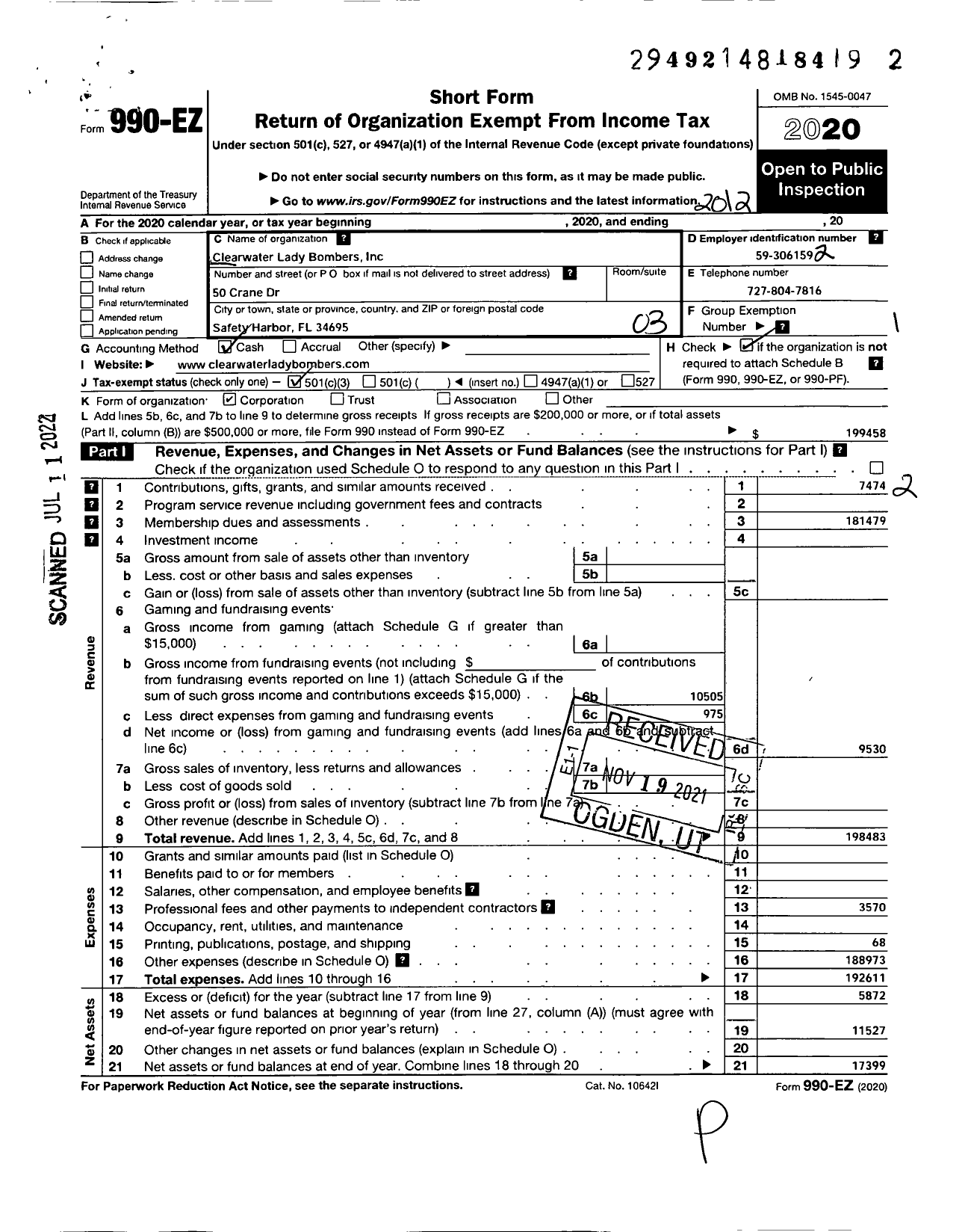 Image of first page of 2020 Form 990EZ for CLearwater Lady Bombers