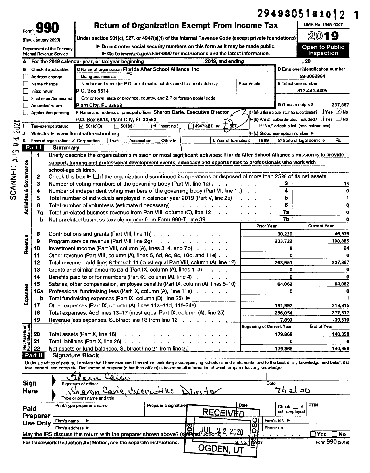 Image of first page of 2019 Form 990 for Florida After School