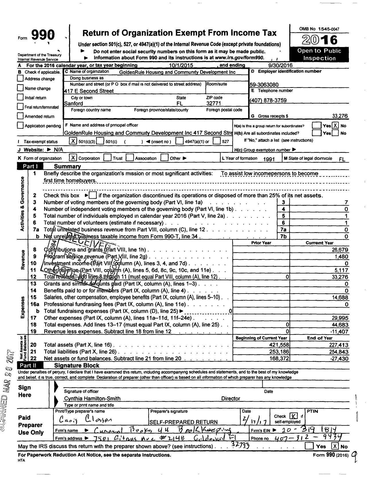 Image of first page of 2015 Form 990 for Goldenrule Housing and Community Development