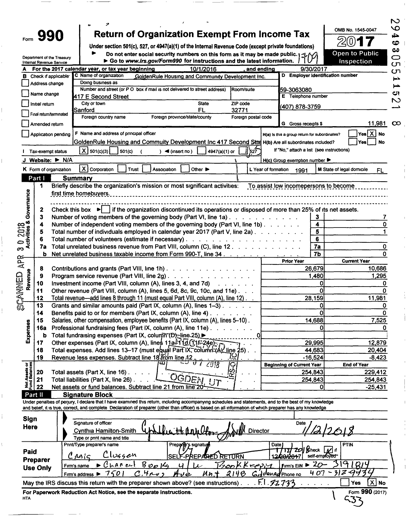 Image of first page of 2016 Form 990 for Goldenrule Housing and Community Development