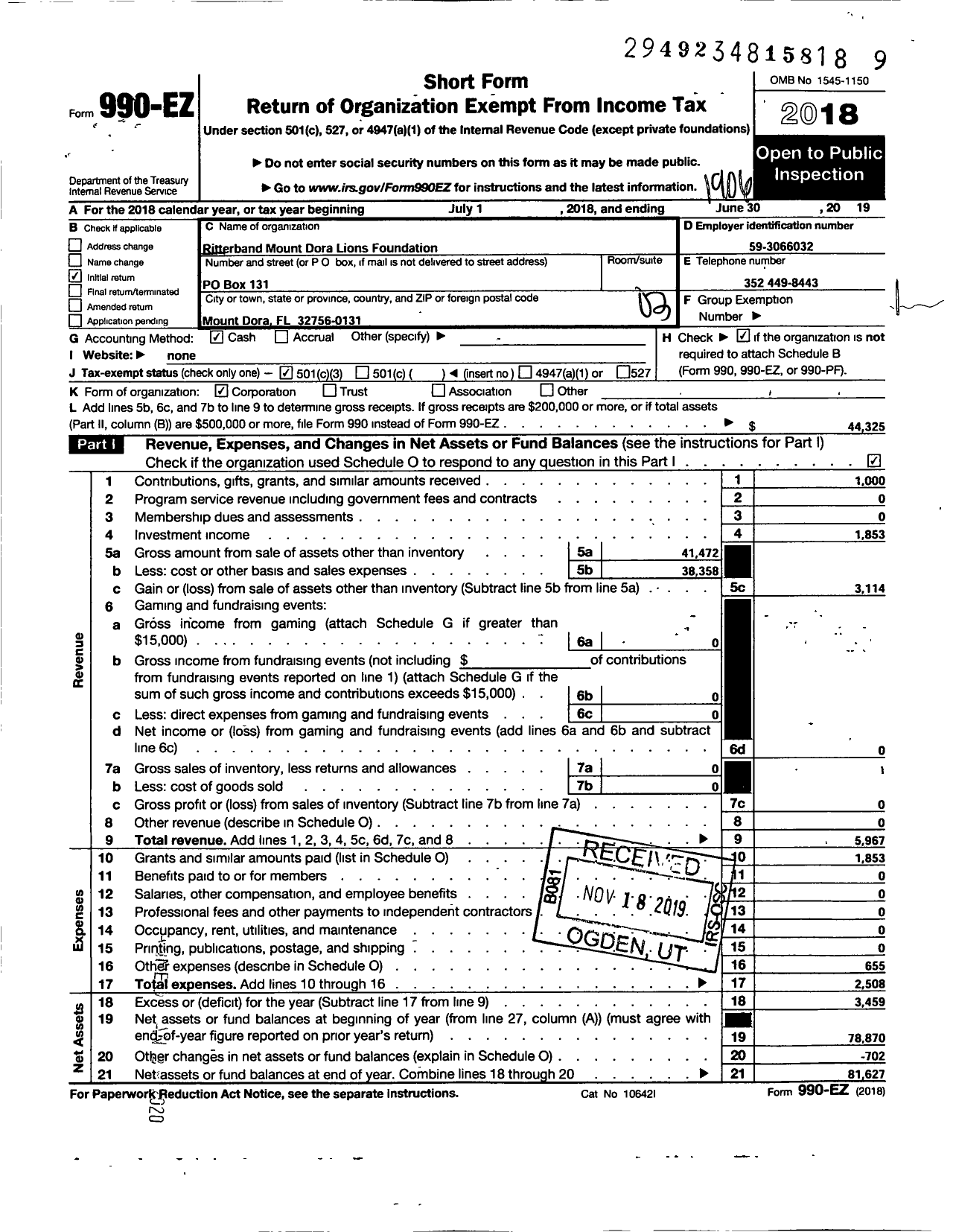 Image of first page of 2018 Form 990EZ for Ritterband Mount Dora Lions Foundation