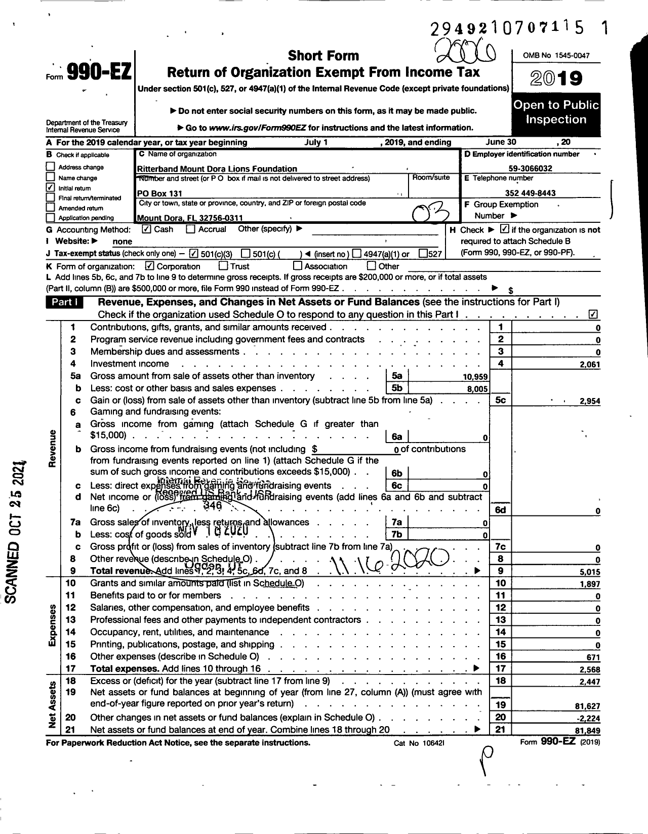 Image of first page of 2019 Form 990EZ for Ritterband Mount Dora Lions Foundation