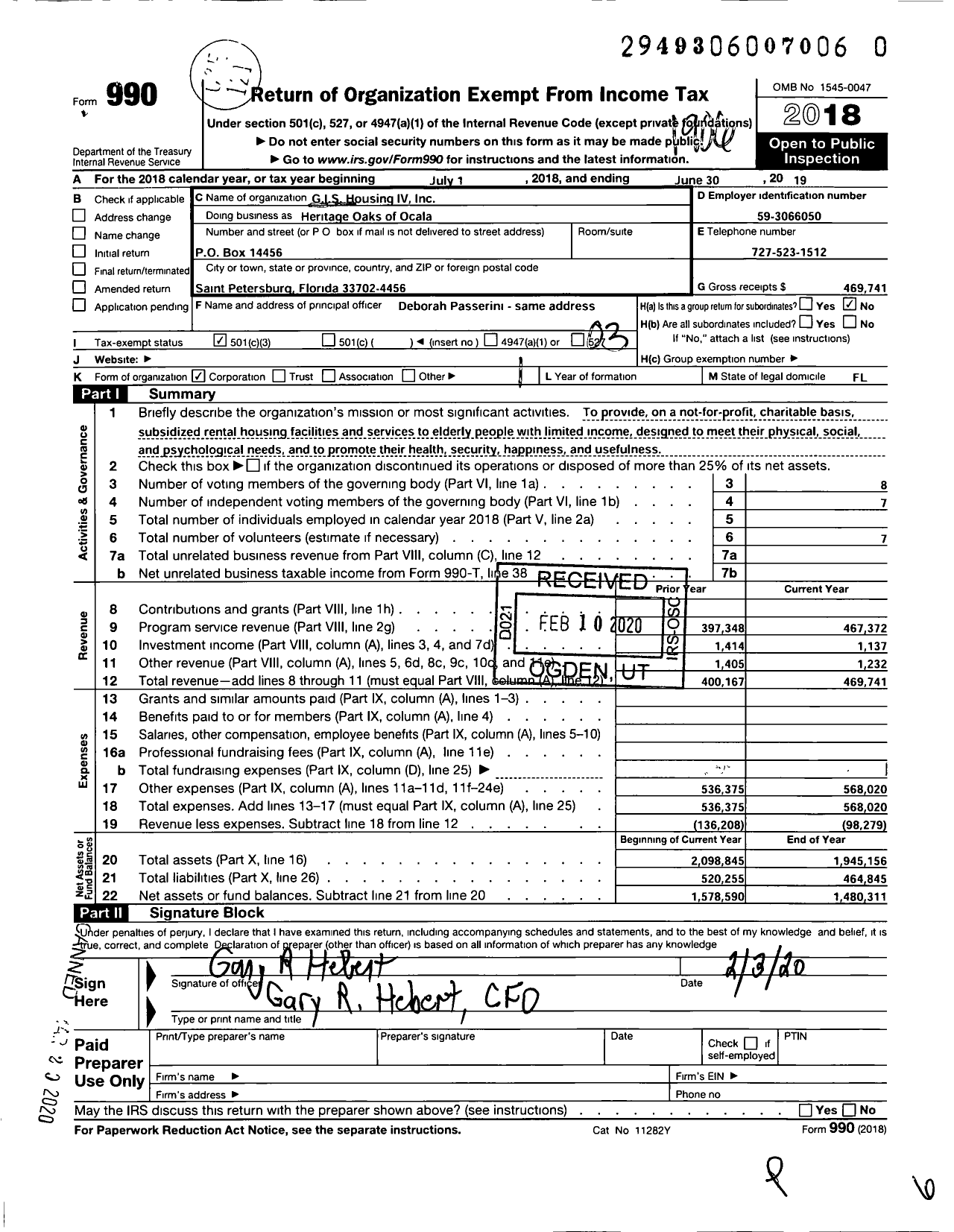 Image of first page of 2018 Form 990 for Heritage Oaks of Ocala