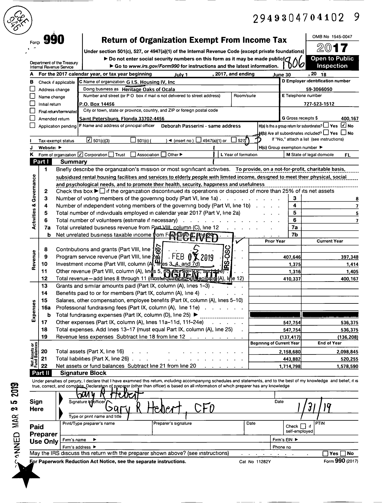 Image of first page of 2017 Form 990 for Heritage Oaks of Ocala