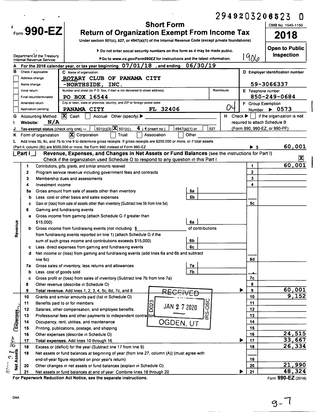 Image of first page of 2018 Form 990EO for Rotary International - Rotary Club Panama City St Andrews