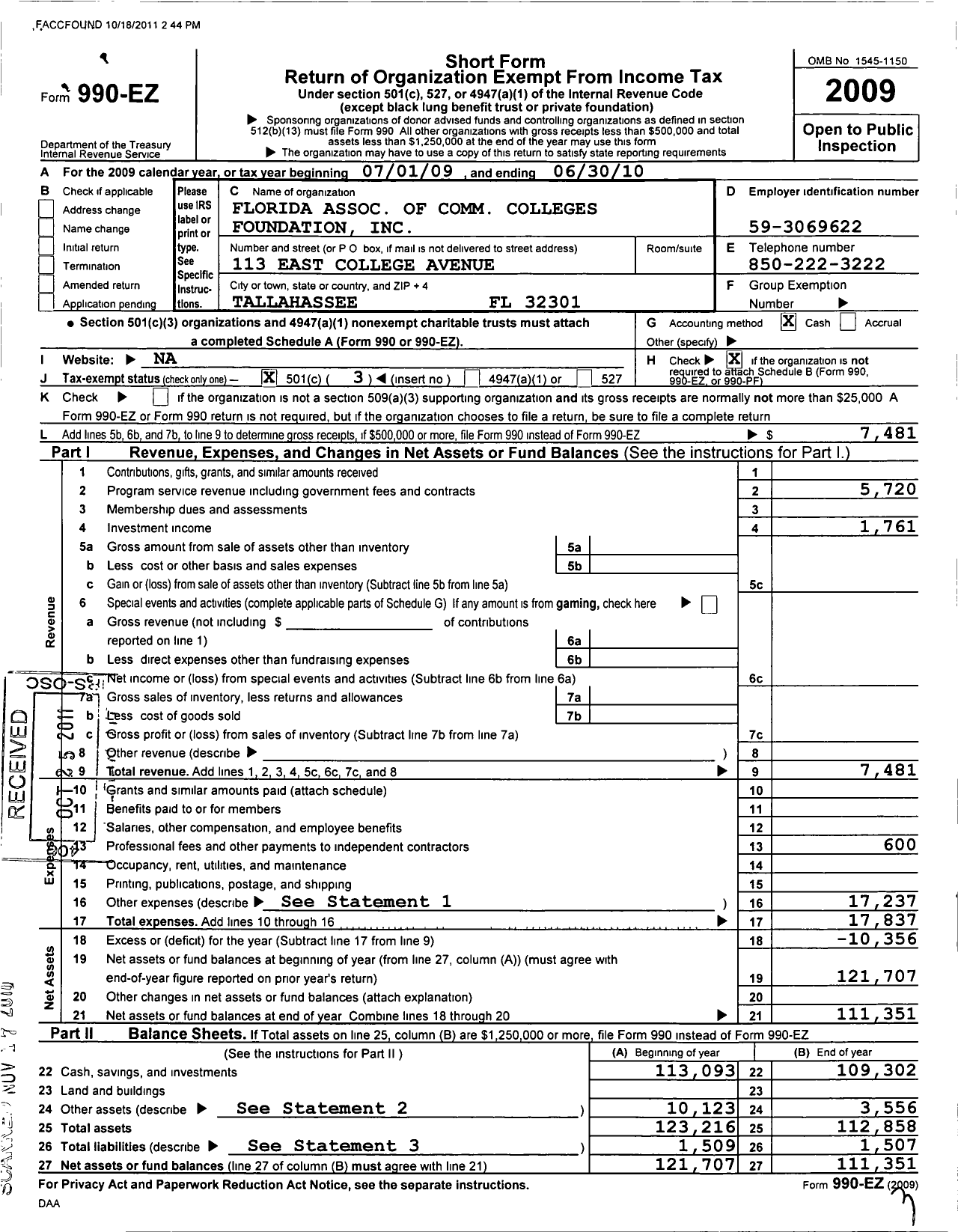 Image of first page of 2009 Form 990EZ for Florida Association of Comm Colleges Foundation