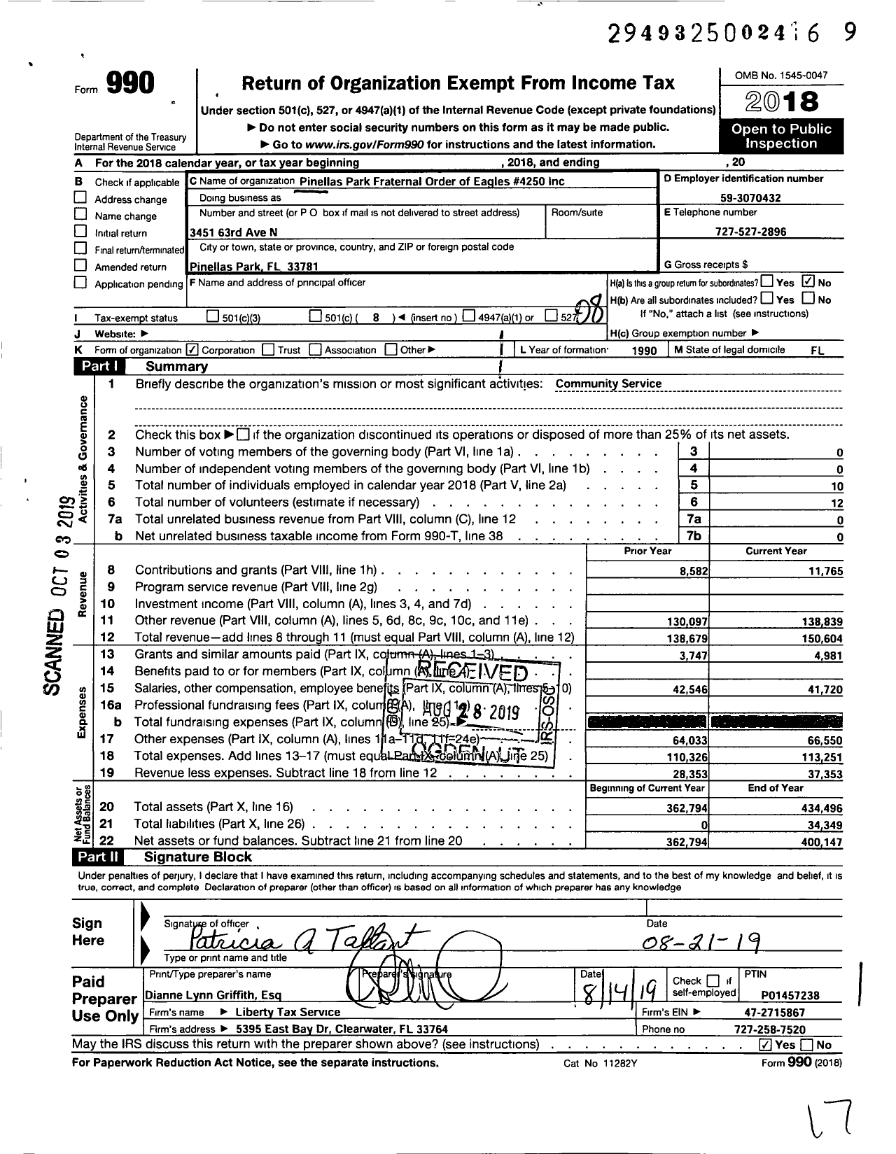 Image of first page of 2018 Form 990O for Fraternal Order of Eagles - Pinellas Park Fraternal Order of Eagles #4250