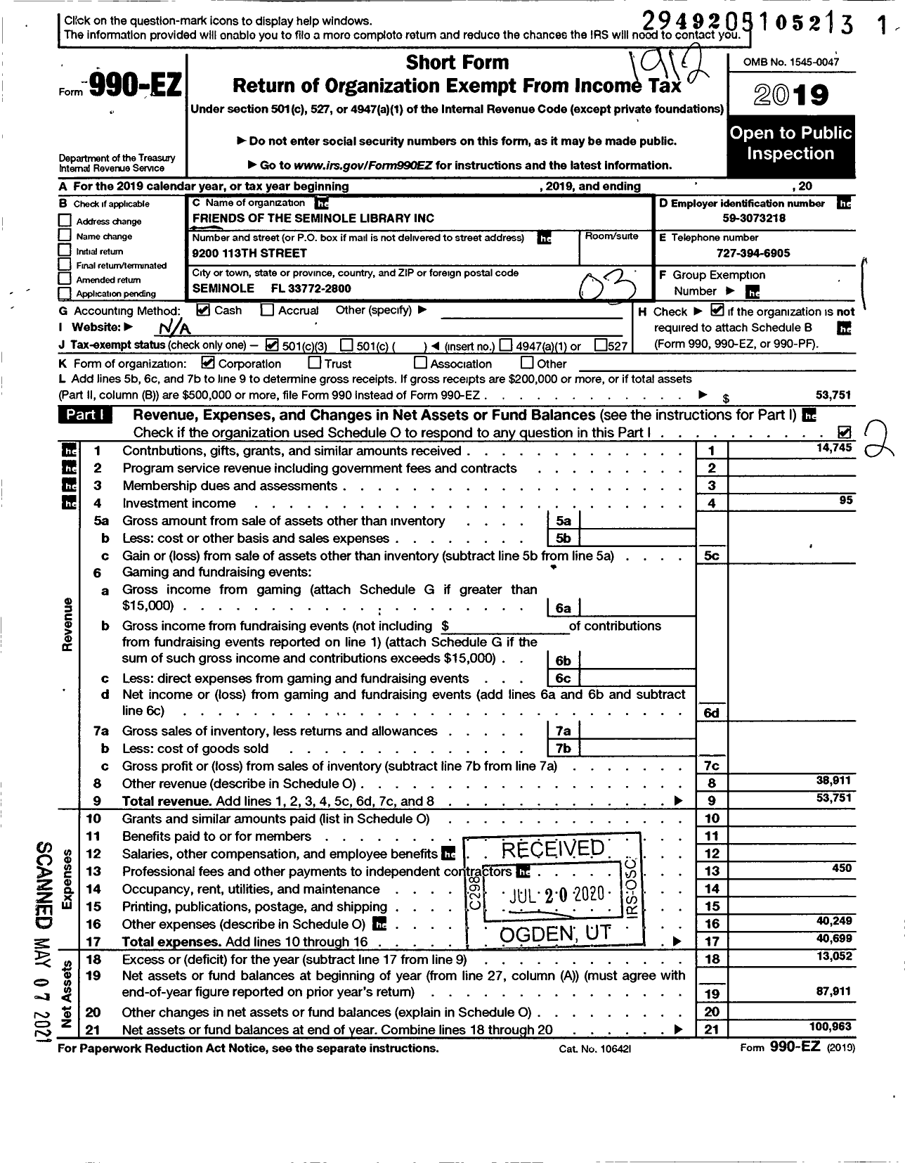 Image of first page of 2019 Form 990EZ for Friends of the Seminole Library