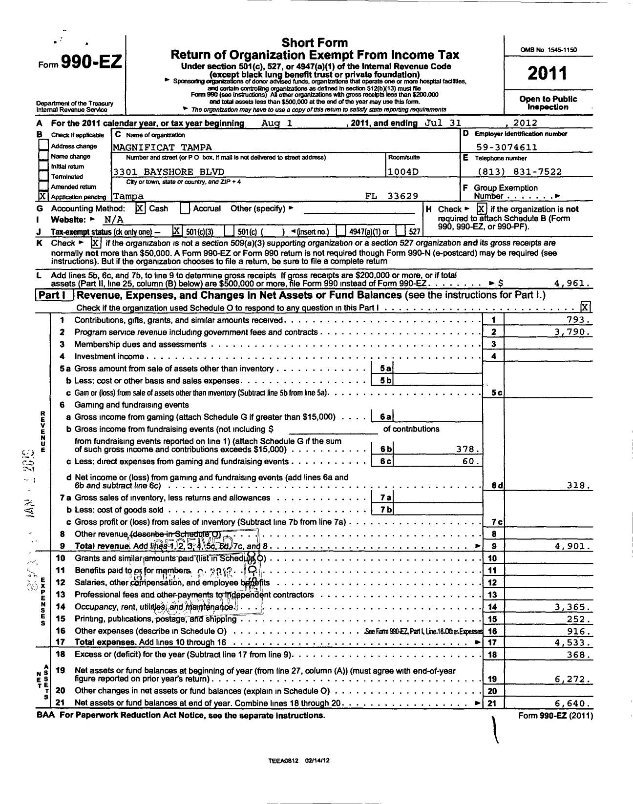 Image of first page of 2011 Form 990EZ for Magnificat Tampa