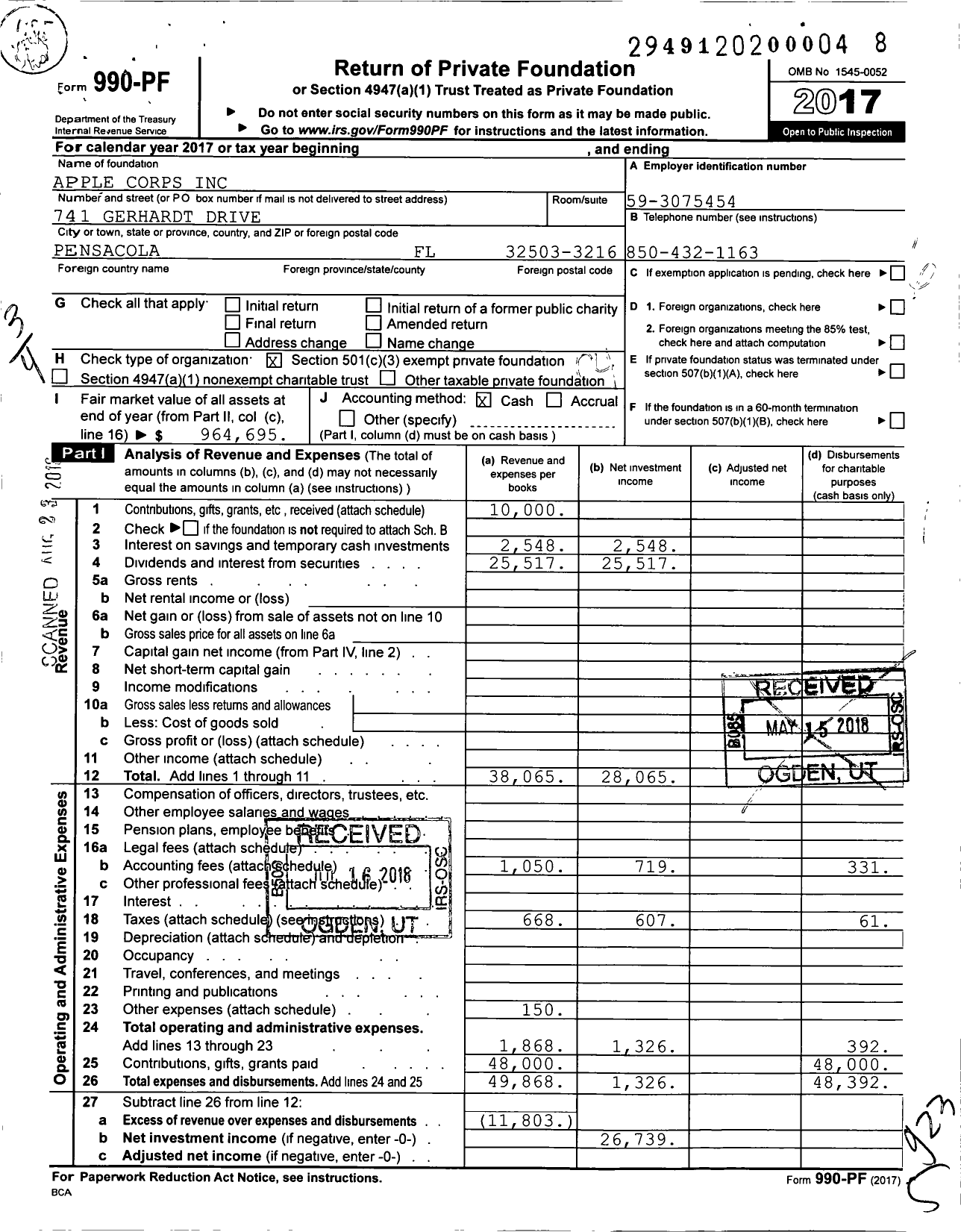 Image of first page of 2017 Form 990PF for Applecorps