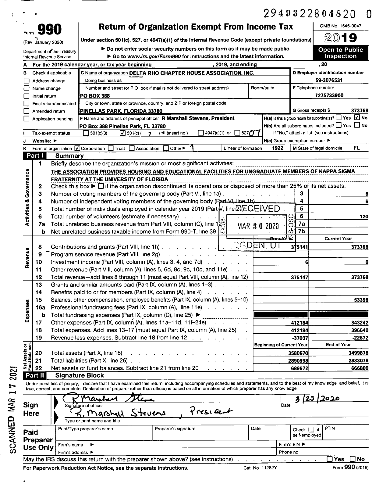 Image of first page of 2019 Form 990O for Delta Rho Chapter House Association