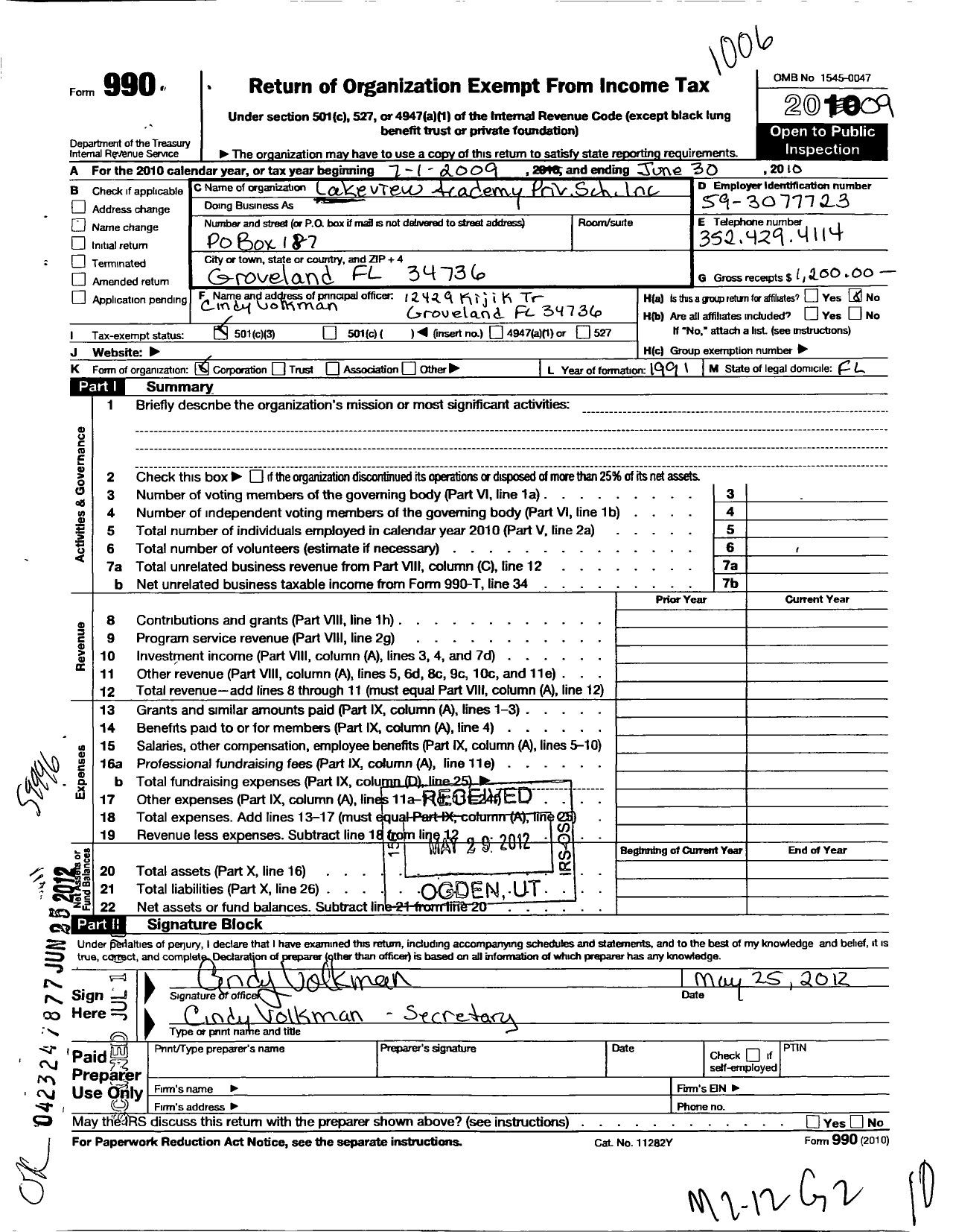 Image of first page of 2009 Form 990 for Lakeview Academy Private School