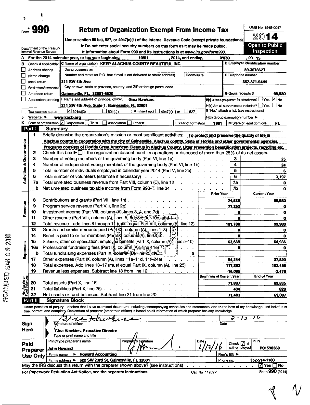 Image of first page of 2014 Form 990 for Keep Alachua County Beautiful