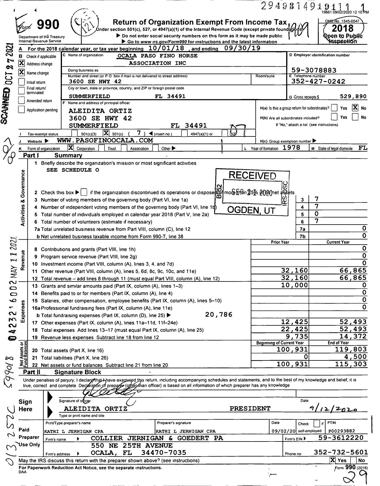 Image of first page of 2018 Form 990O for Ocala Paso Fino Horse Association