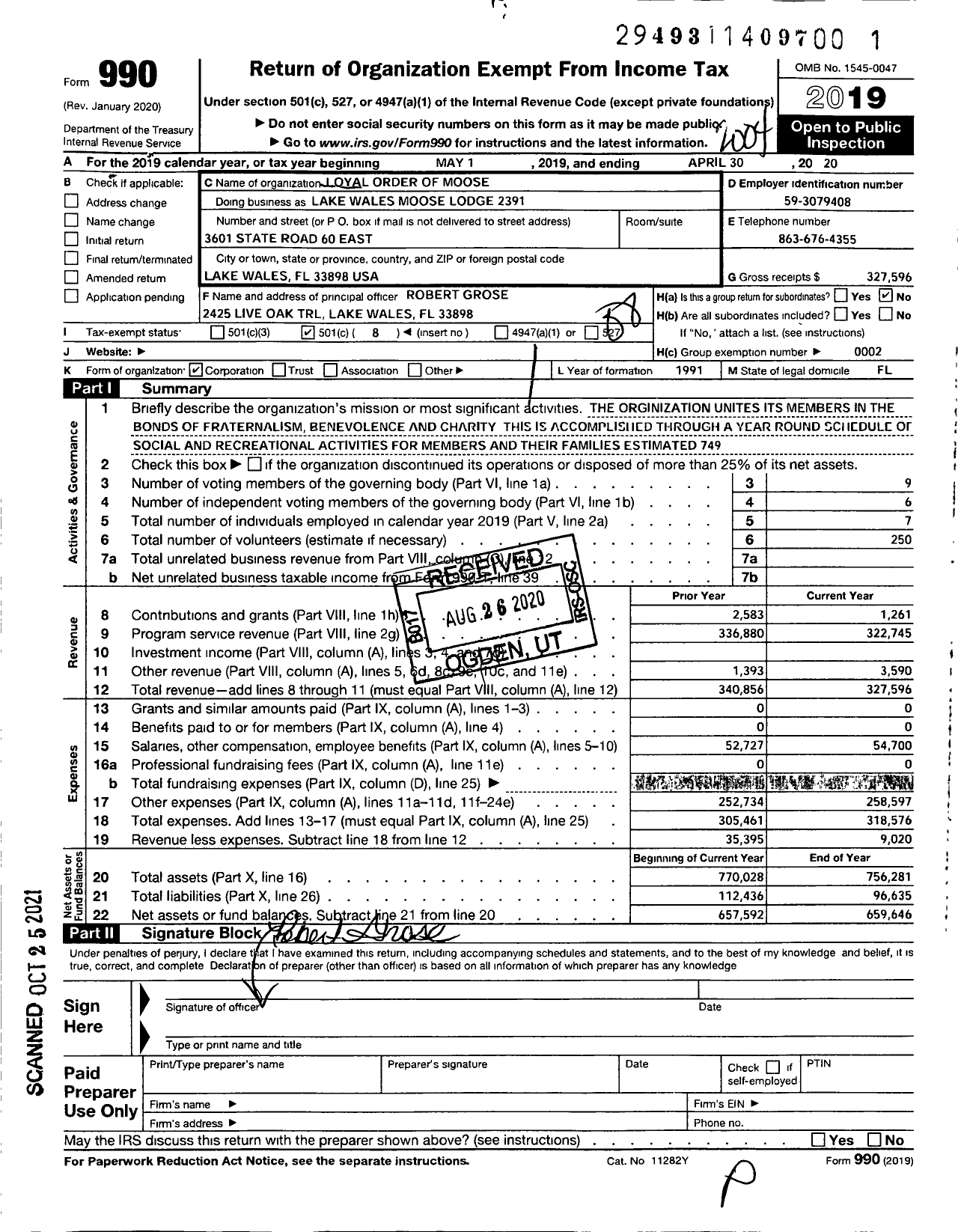 Image of first page of 2019 Form 990O for Loyal Order of Moose - 2391