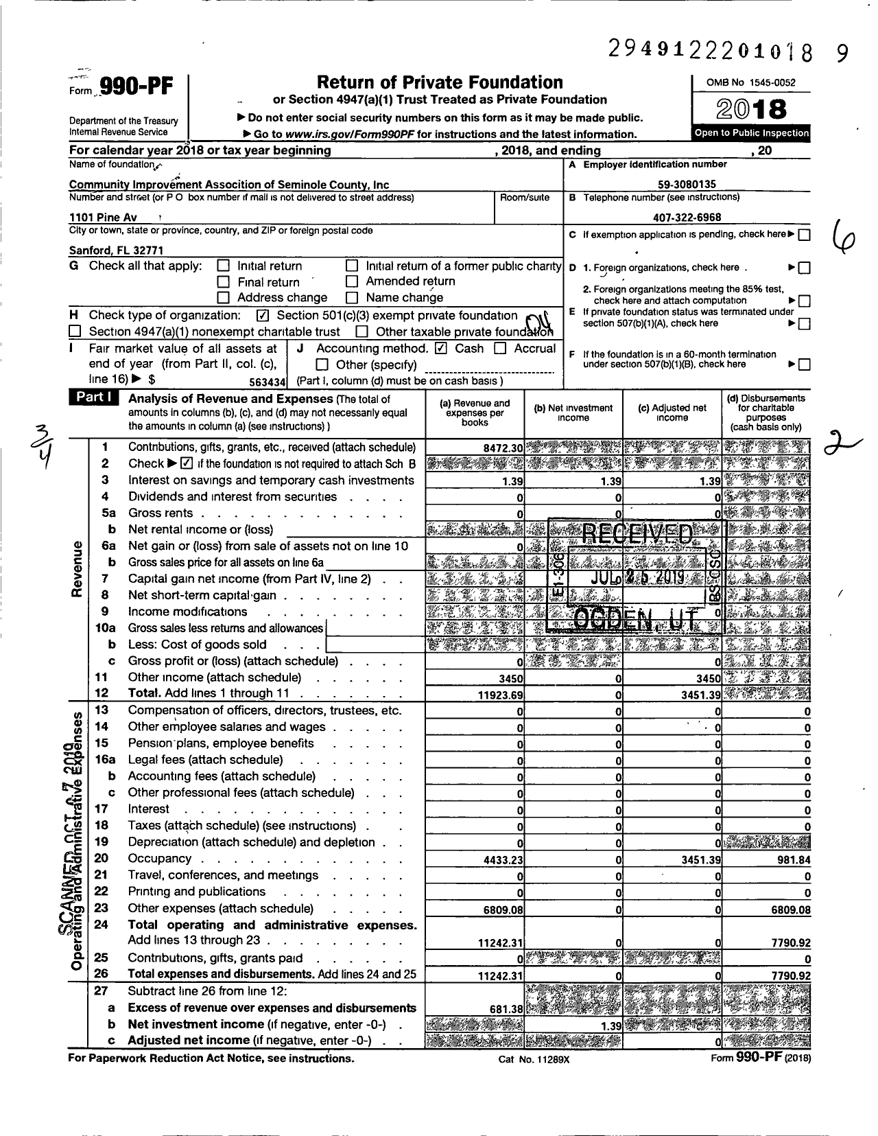 Image of first page of 2018 Form 990PF for Community Improvement Association of Seminole County Inc Historic Hopper Academy