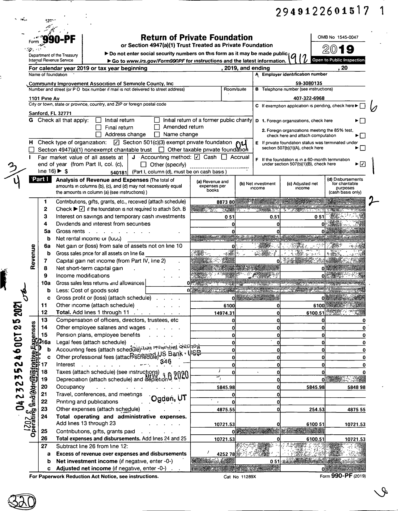 Image of first page of 2019 Form 990PF for Community Improvement Association of Seminole County Inc Historic Hopper Academy