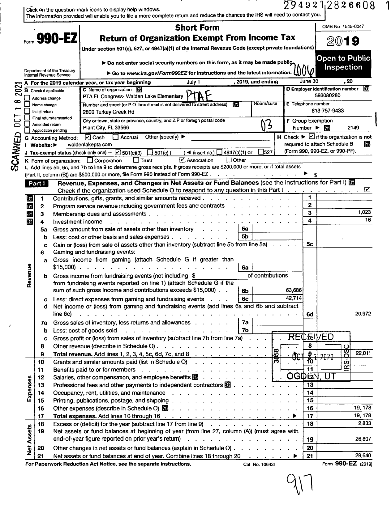 Image of first page of 2019 Form 990EZ for PTA FLORIDA CONGRESS - Walden Lake Elem PTA