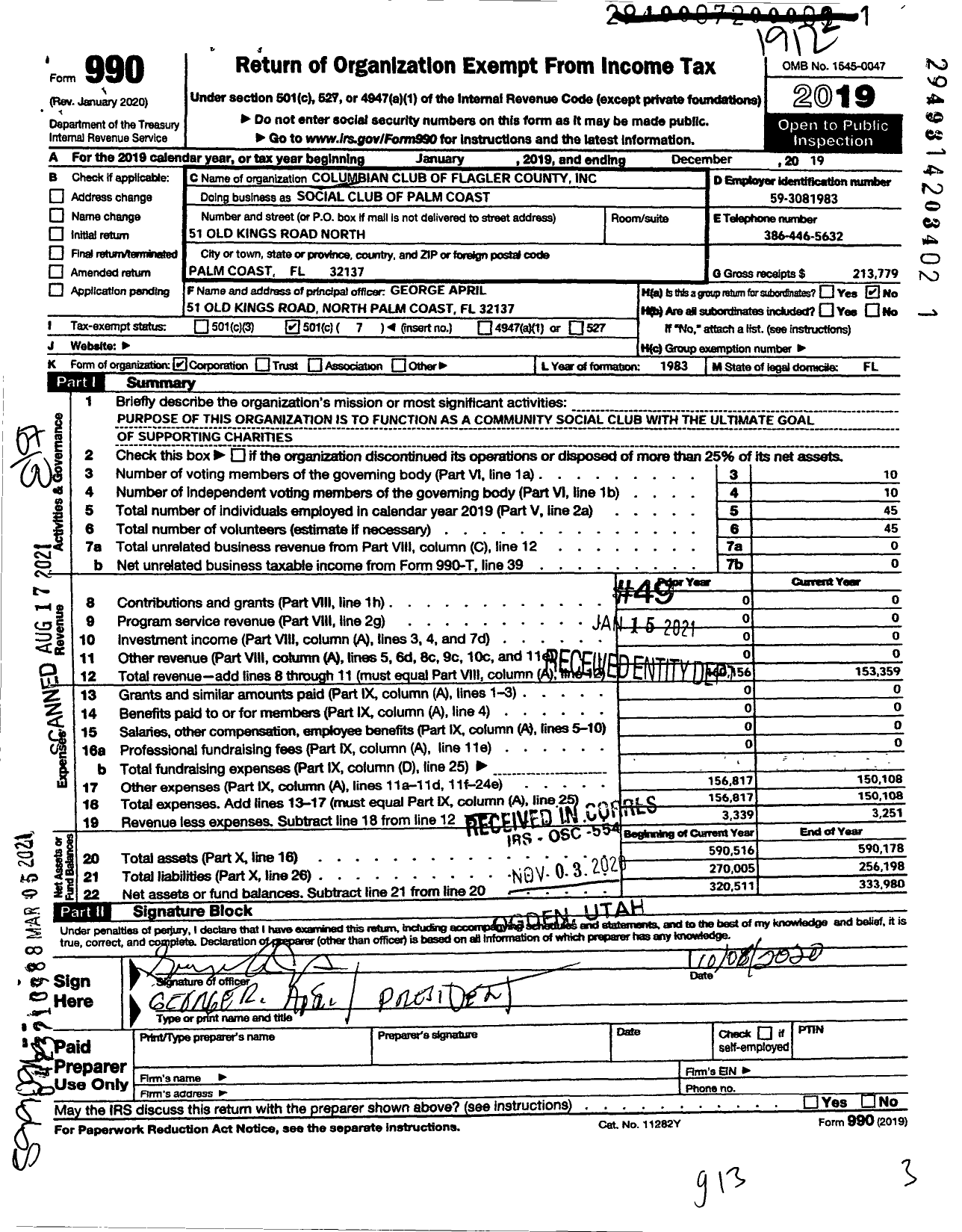 Image of first page of 2019 Form 990O for Social Club of Palm Coast