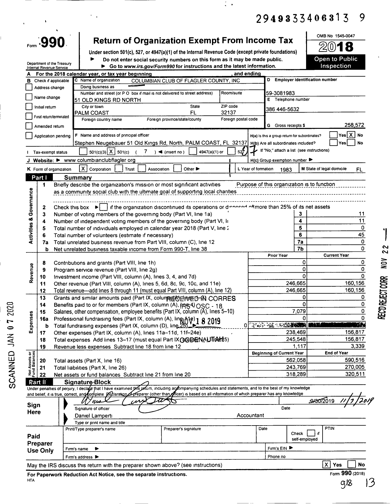 Image of first page of 2018 Form 990O for Social Club of Palm Coast