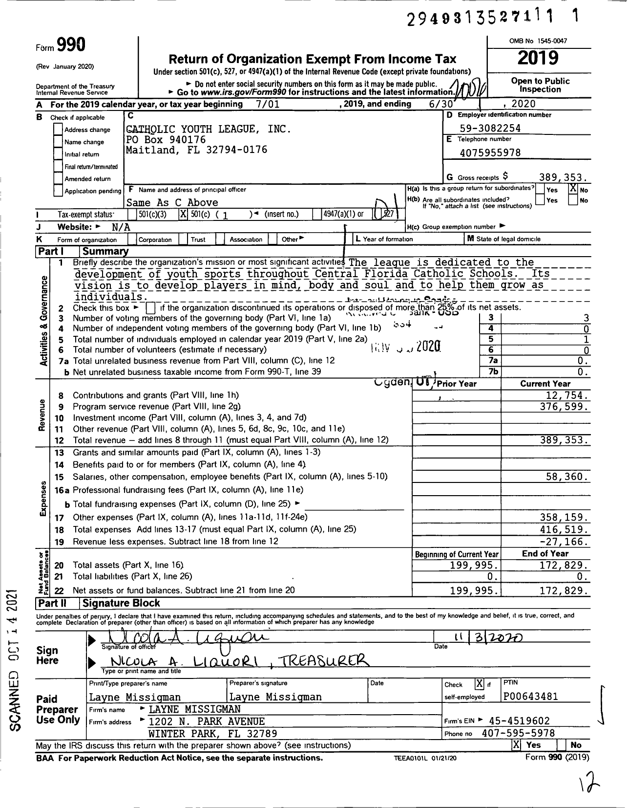 Image of first page of 2019 Form 990O for Catholic Youth League