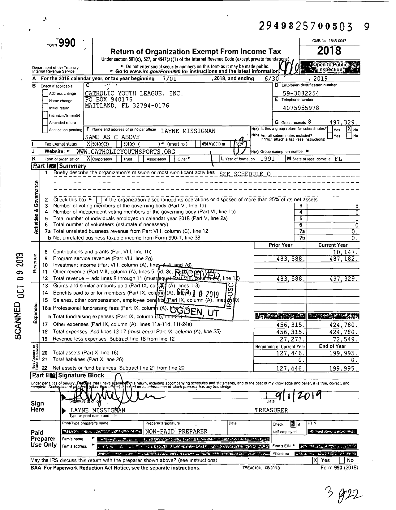 Image of first page of 2018 Form 990 for Catholic Youth League